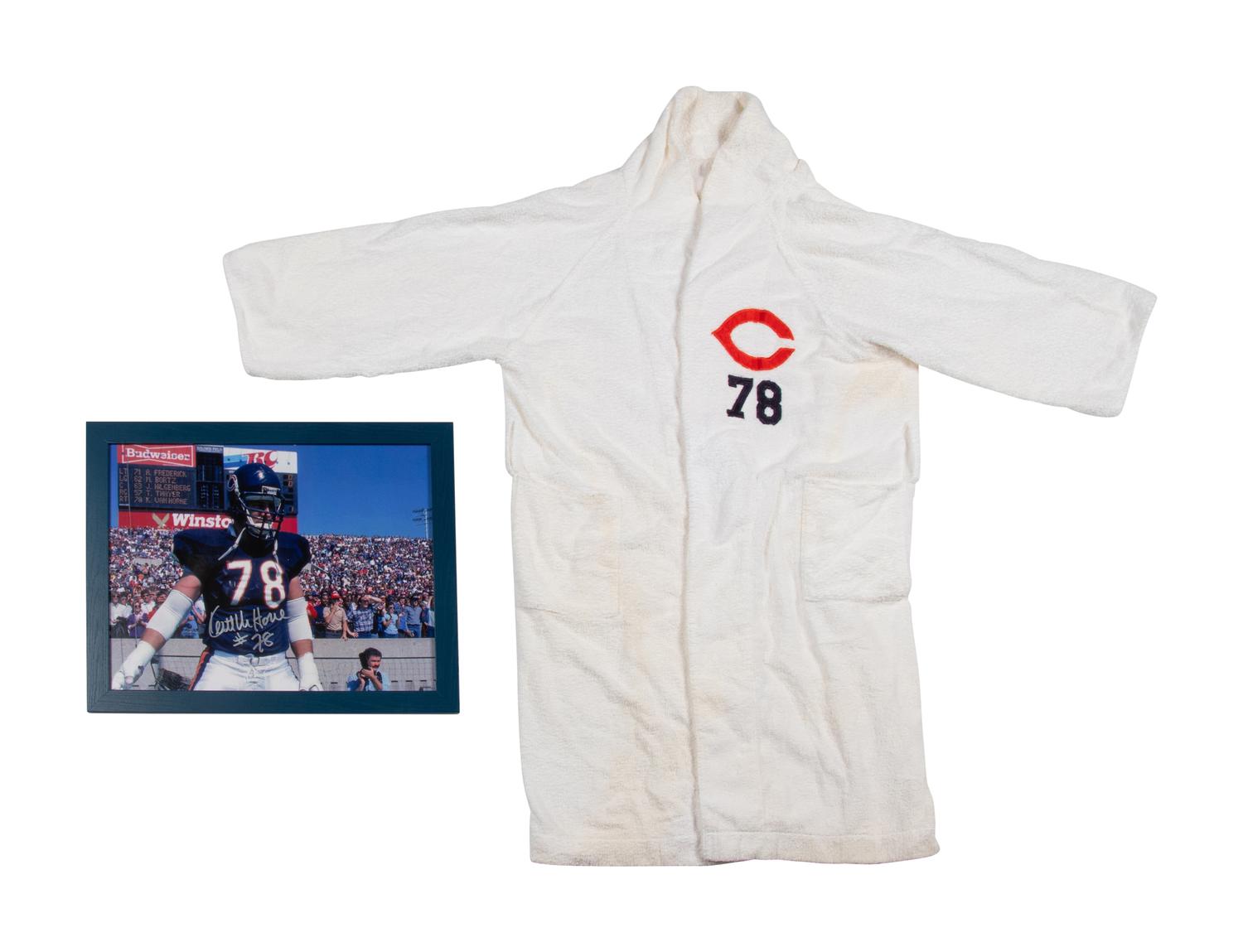 A Keith Van Horne Signed Framed Display and 1980s Chicago Bears Game Worn Robe