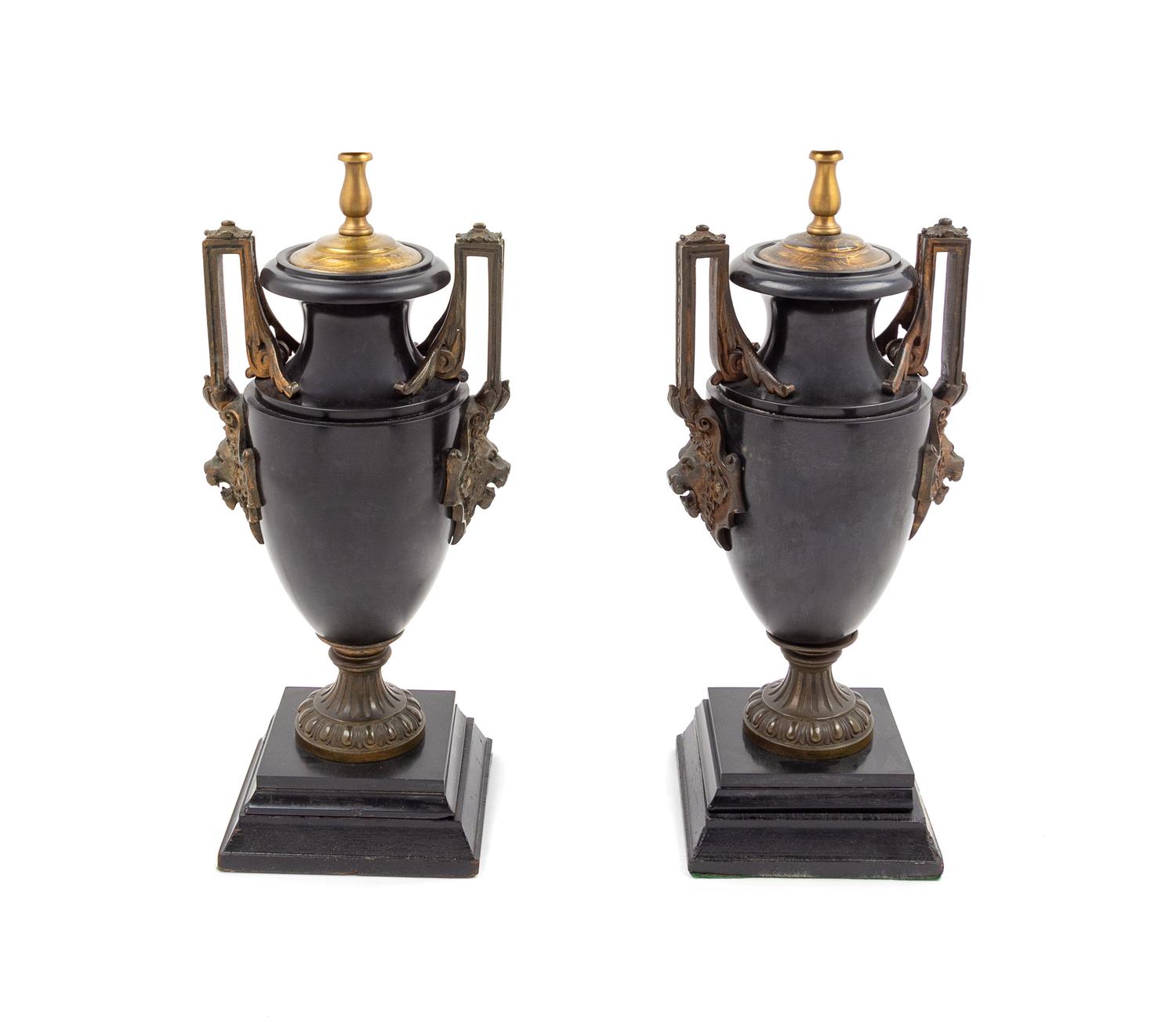 A Pair of Neoclassical Bronze Mounted Slate Urns Height of base 18 inches. — LATE 19TH/EARLY 20TH CENTURY
