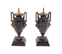 A Pair of Neoclassical Bronze Mounted Slate Urns Height of base 18 inches. — LATE 19TH/EARLY 20TH CENTURY