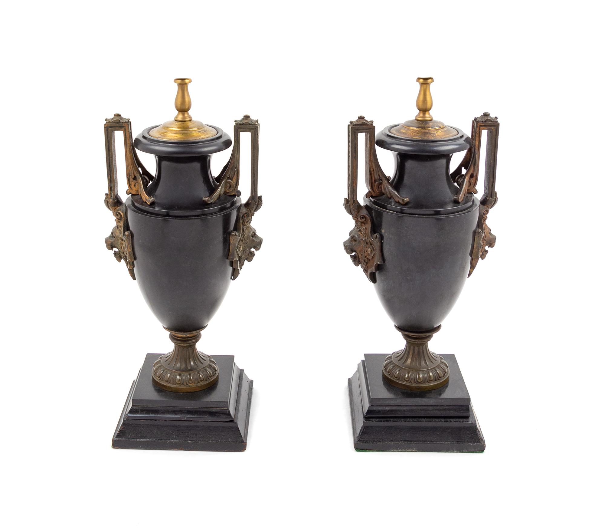 A Pair of Neoclassical Bronze Mounted Slate Urns Height of base 18 inches. — LATE 19TH/EARLY 20TH CENTURY