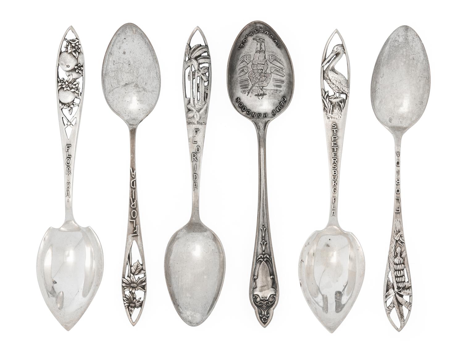 A Set of Twelve American Silver Souvenir Spoons, Watson Co., Attleboro, MA, each of Florida interest with a pierced handle, comprising