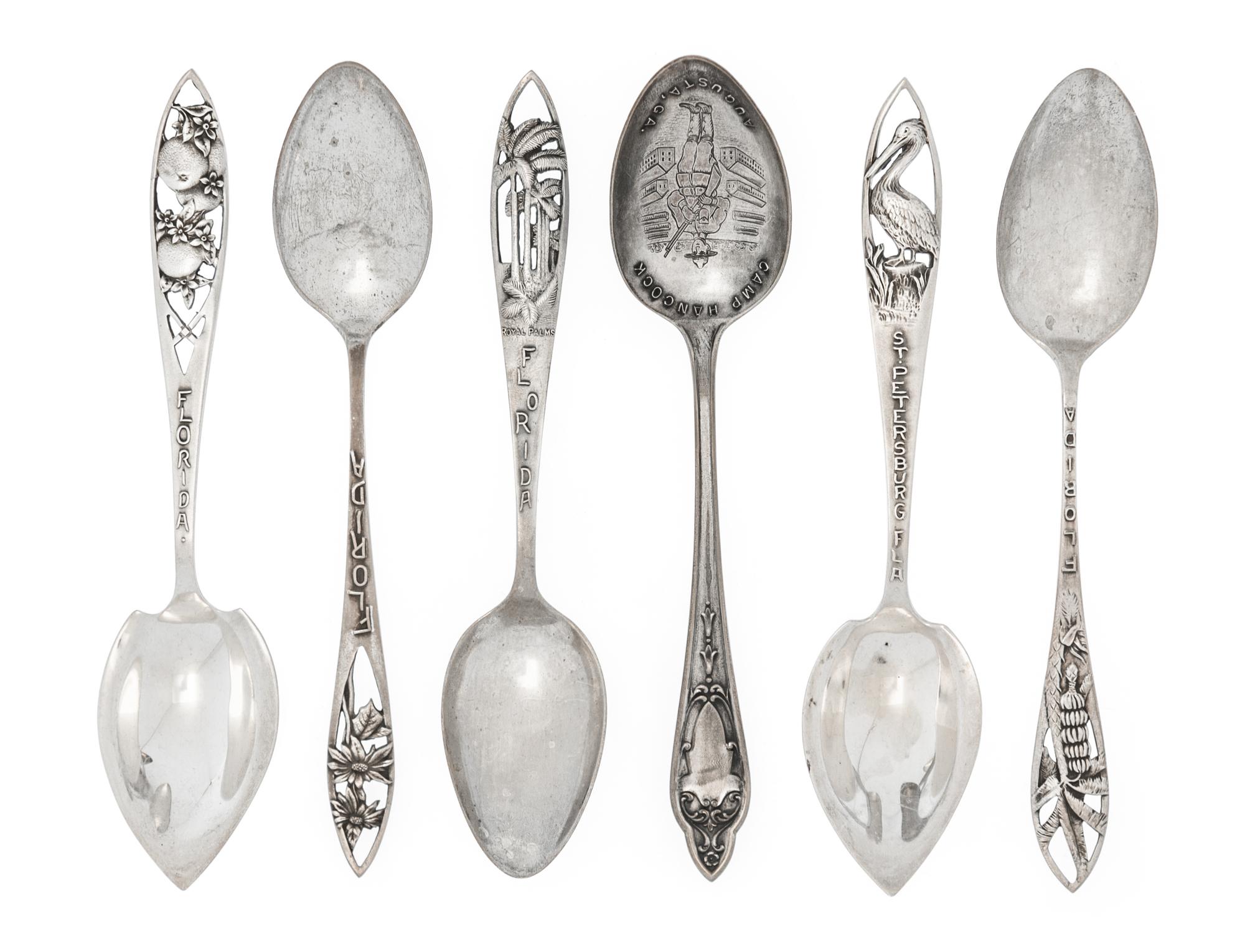 A Set of Twelve American Silver Souvenir Spoons, Watson Co., Attleboro, MA, each of Florida interest with a pierced handle, comprising
