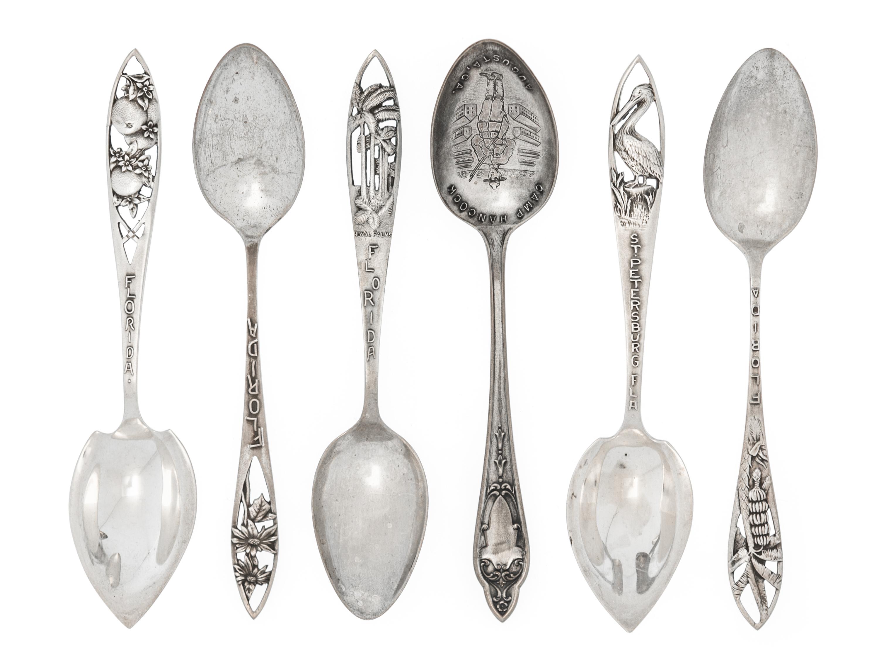 A Set of Twelve American Silver Souvenir Spoons, Watson Co., Attleboro, MA, each of Florida interest with a pierced handle, comprising