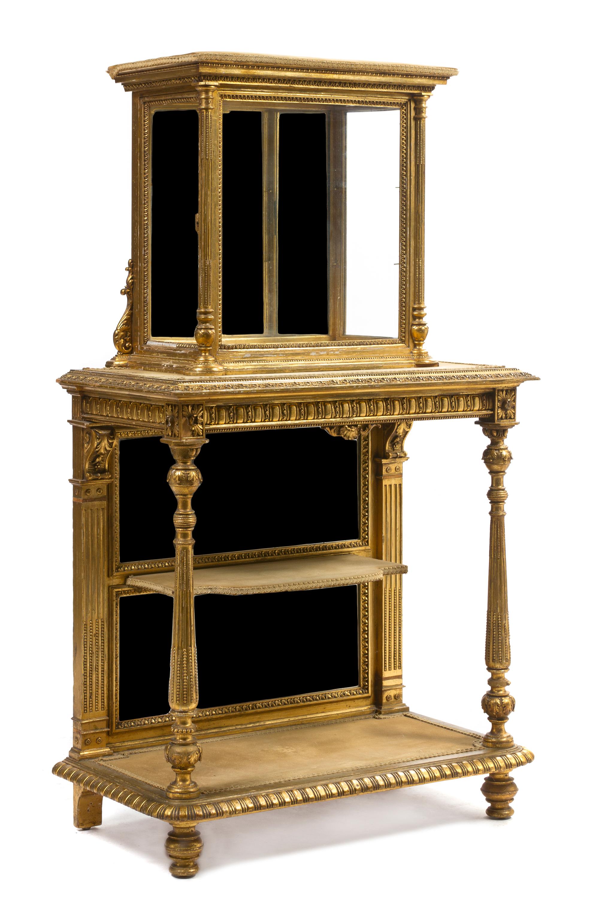 A Neoclassical Giltwood Vitrine on Stand, Height 55 1/2 x width 31 3/8 x depth 16 5/8 inches.