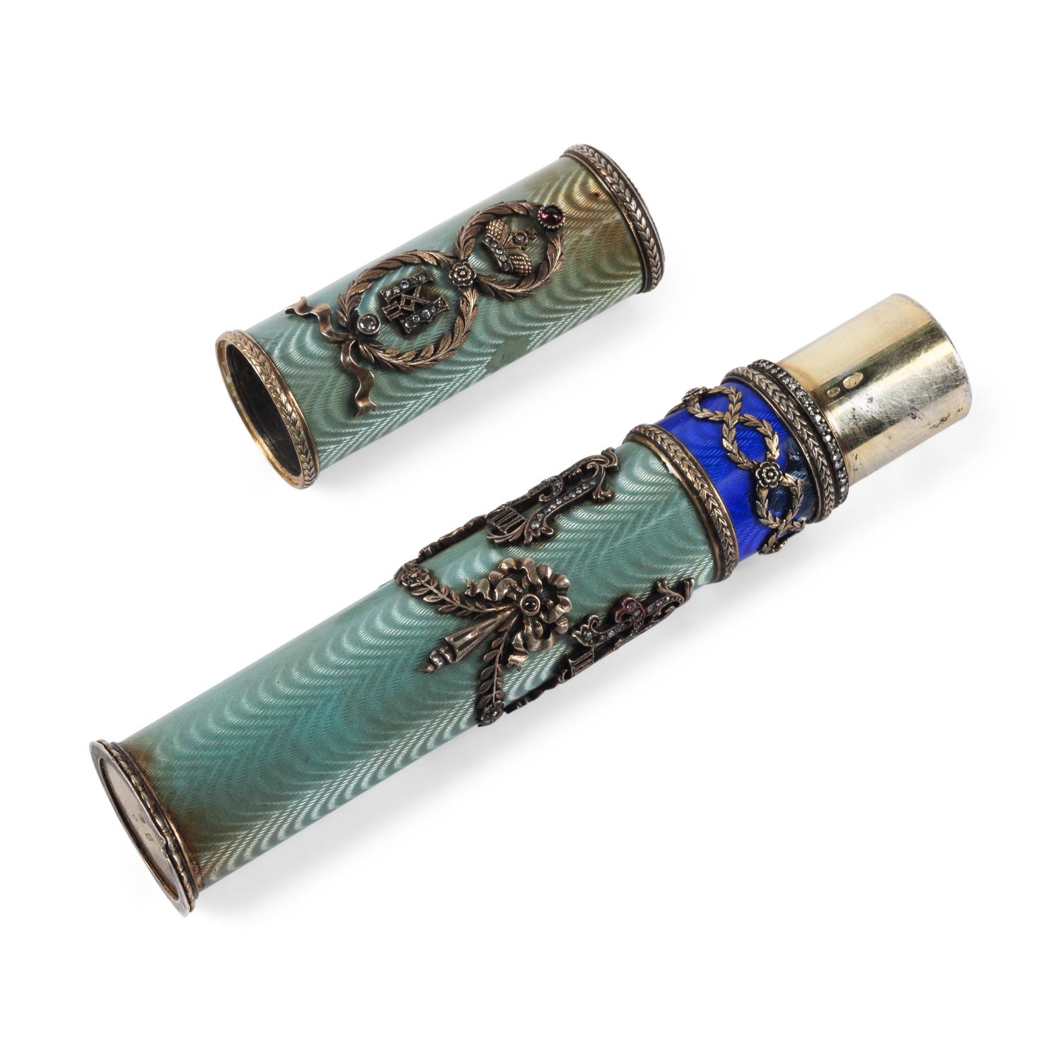 A Diamond and Hardstone-Mounted Silver-Gilt and Guilloché Enamel Cigar Case