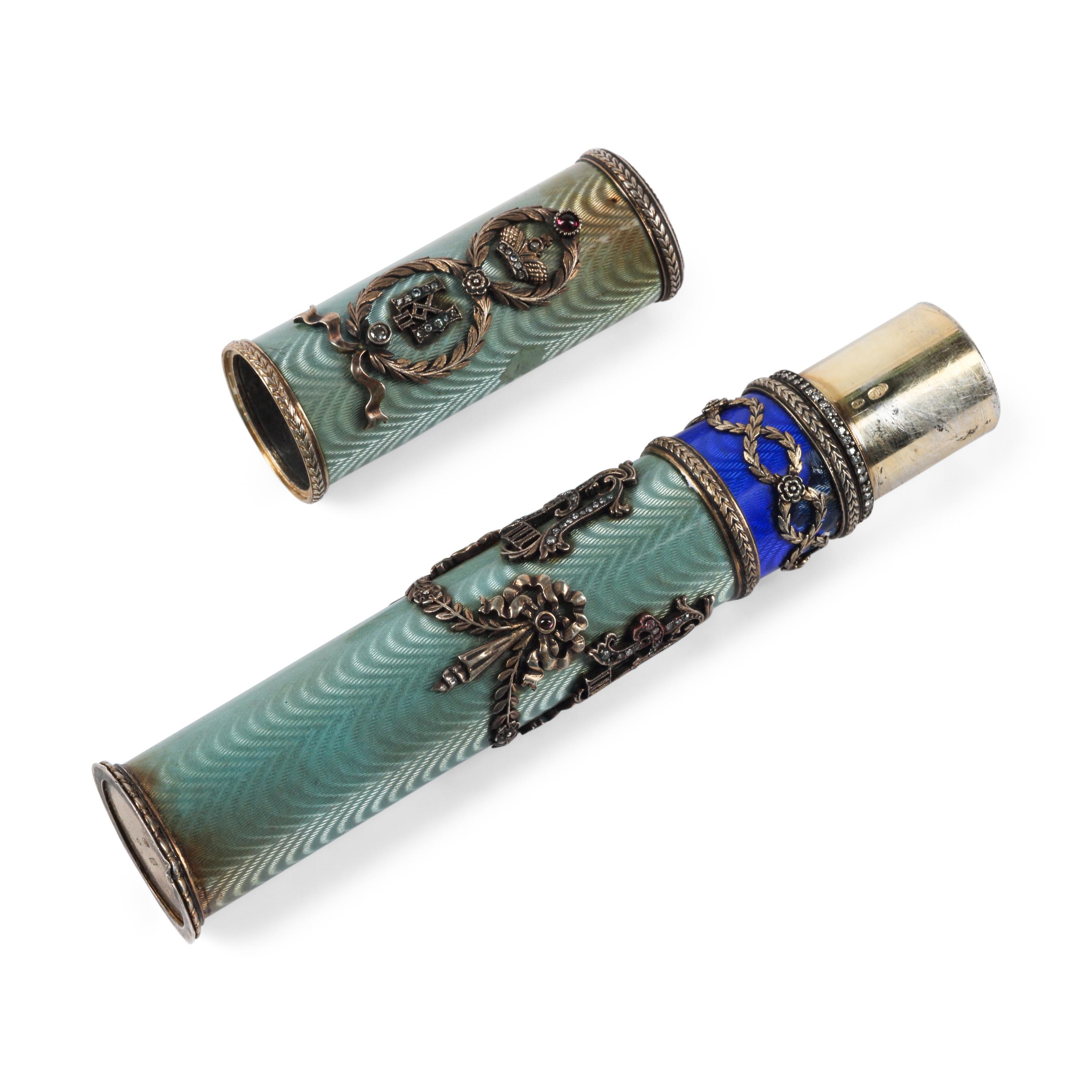 A Diamond and Hardstone-Mounted Silver-Gilt and Guilloché Enamel Cigar Case