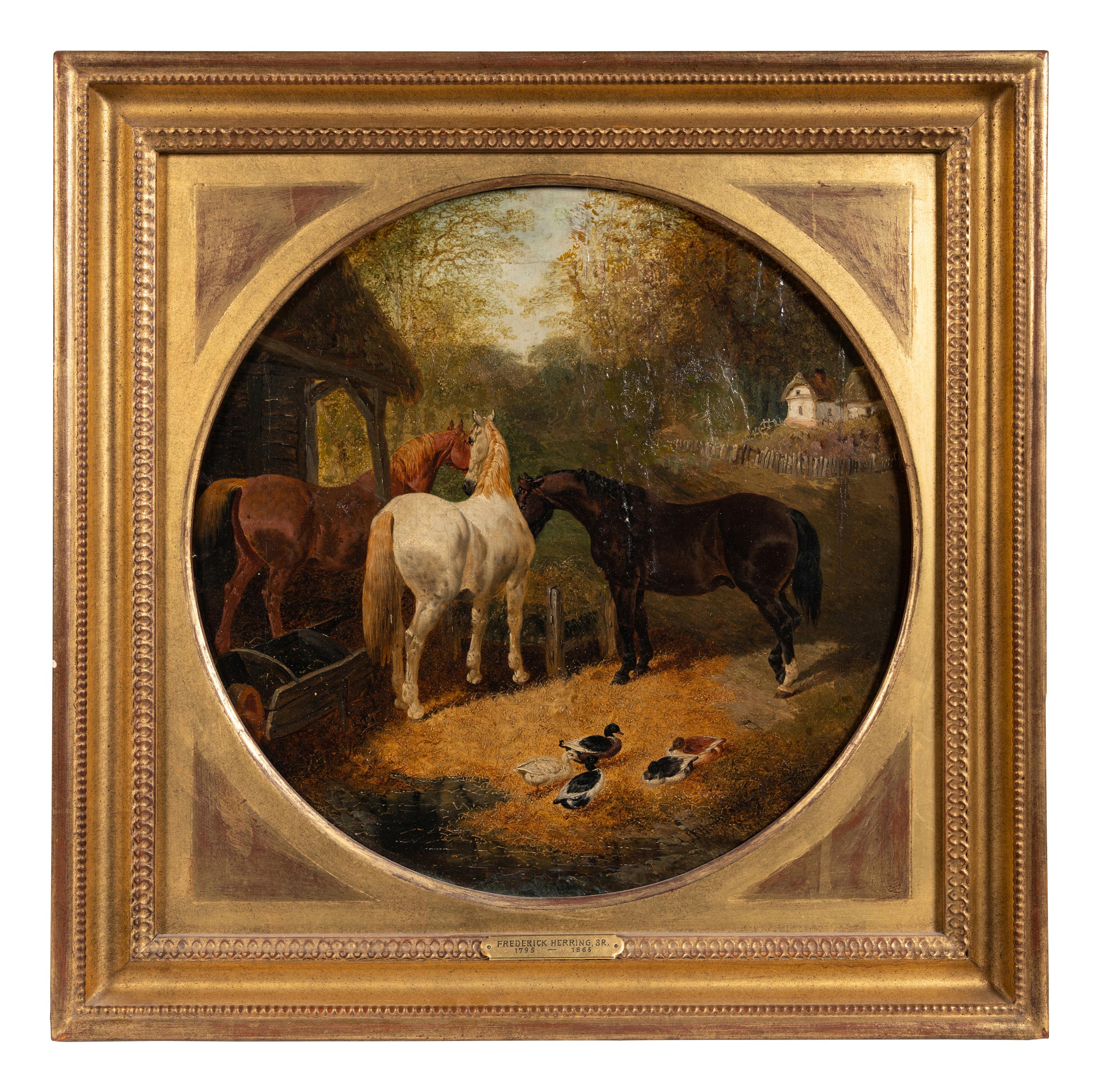 Farmyard Scene with Horses and Ducks
