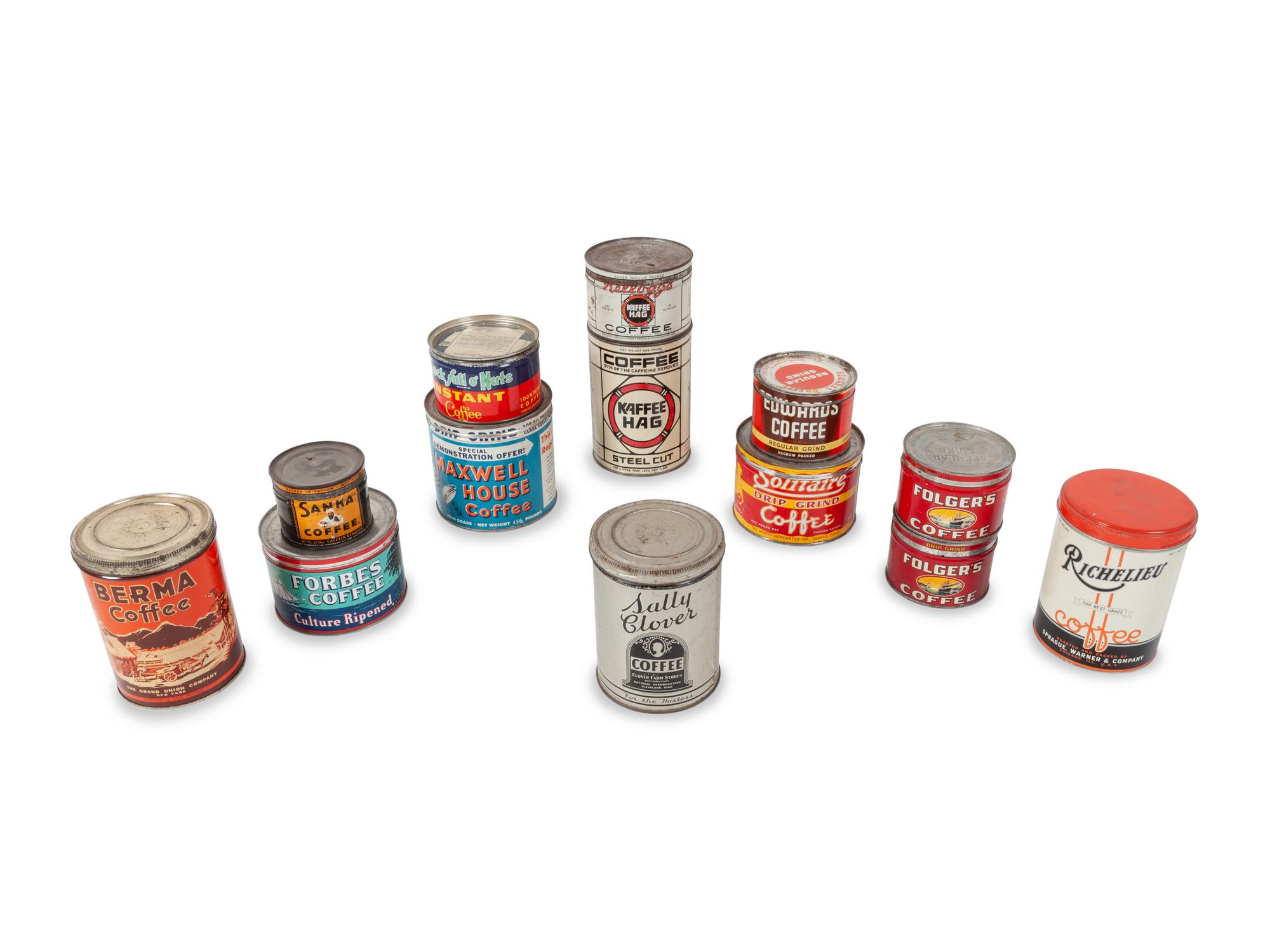 A Large Group of Country Store Advertising Coffee Tins