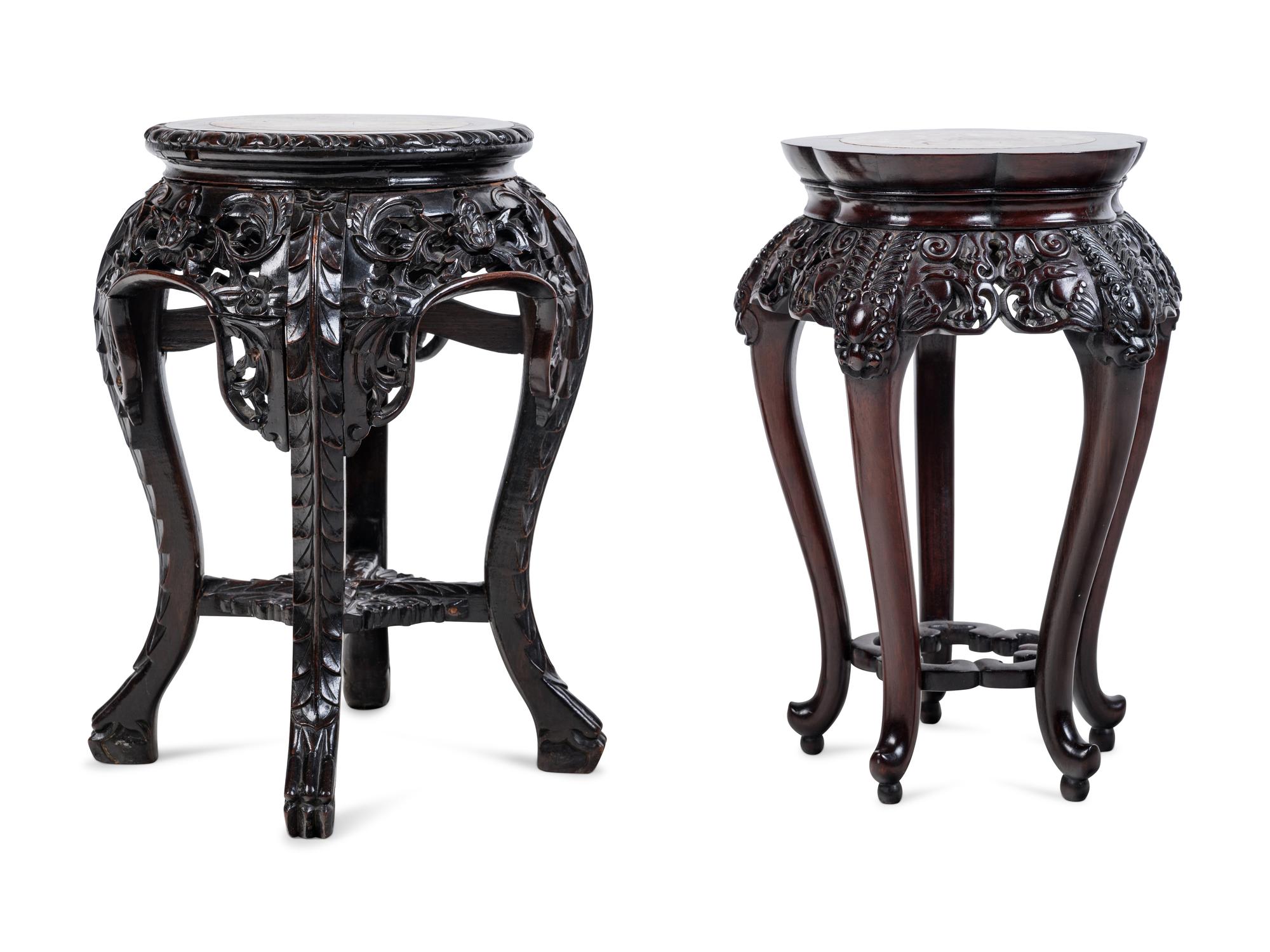 Two Chinese Marble-Inset Carved Hardwood Stands