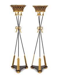 A Pair of Empire Style Black-Painted and Parcel Gilt Metal Jardinieres