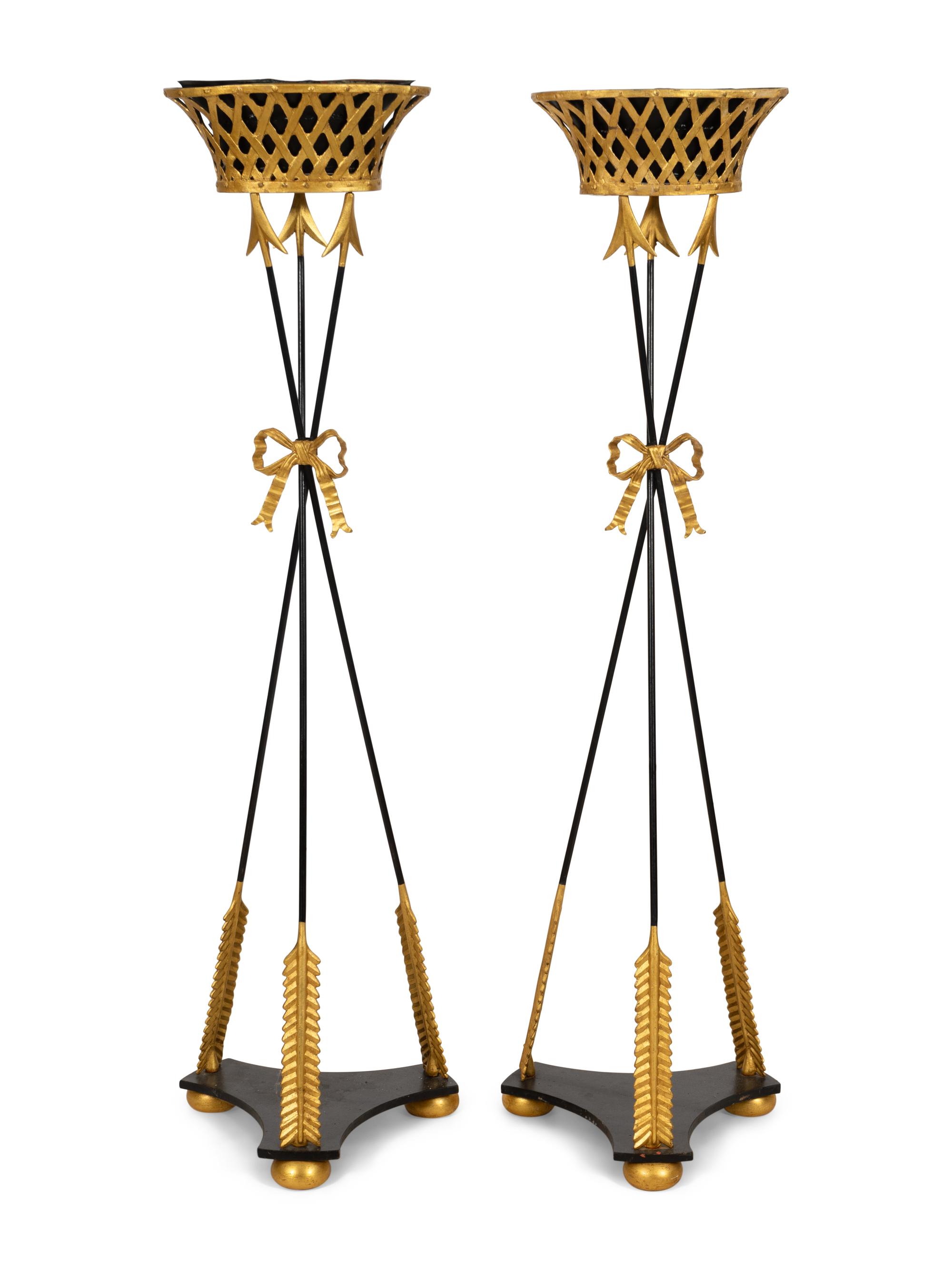A Pair of Empire Style Black-Painted and Parcel Gilt Metal Jardinieres