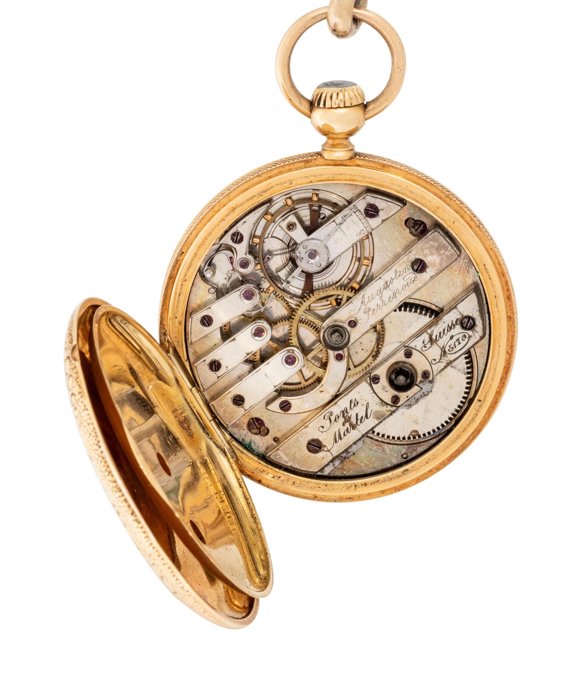 An Antique 18 Karat Yellow Gold and Enamel 'Ponts de Martel' Hunter Case Pocket Watch, Augustin Perrenoud, with Longchain Necklace,