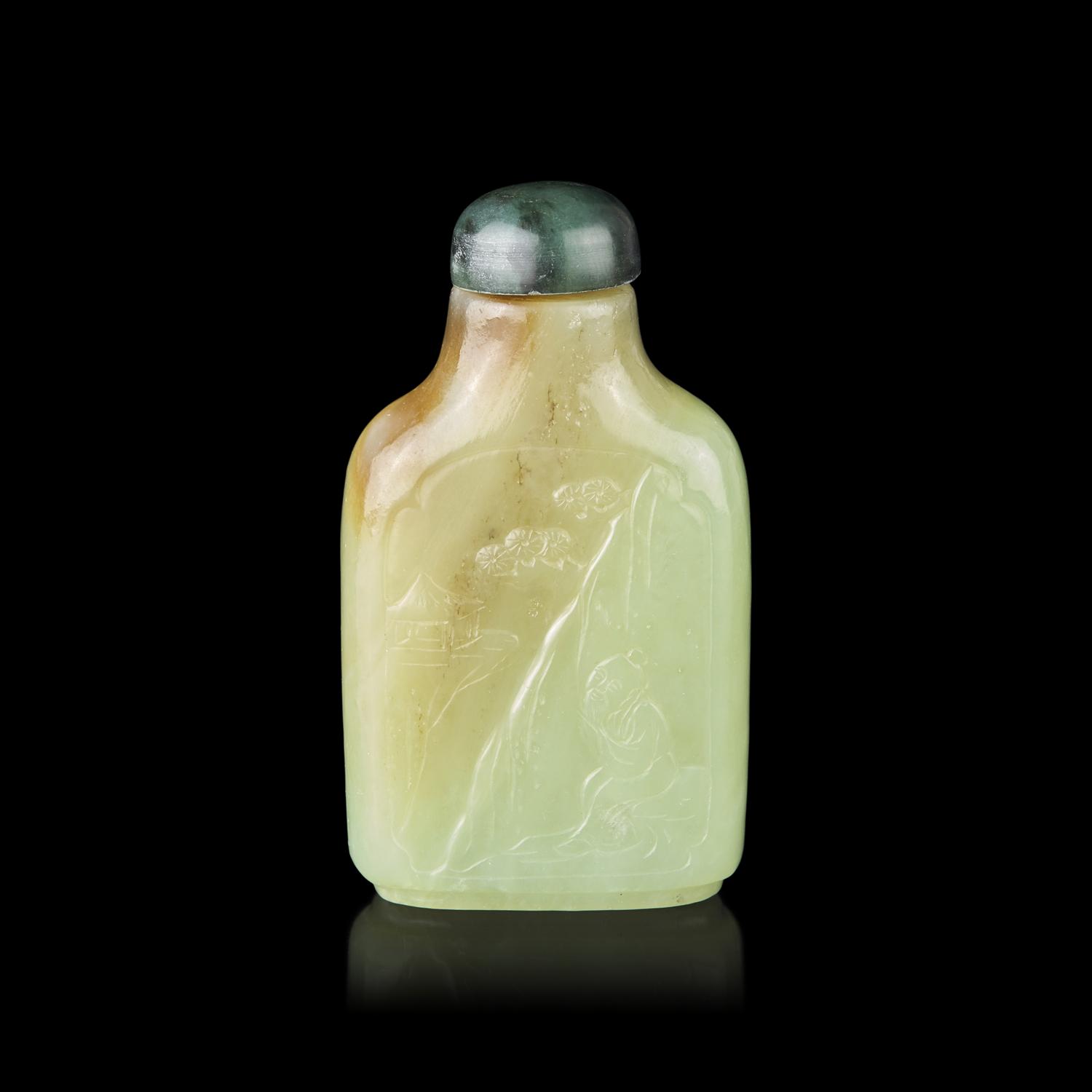 A Chinese Greenish Yellow and Russet Jade 'Scholars' Snuff Bottle, First Half of 19th Century — 清中期 黃玉高士圖鼻煙壺