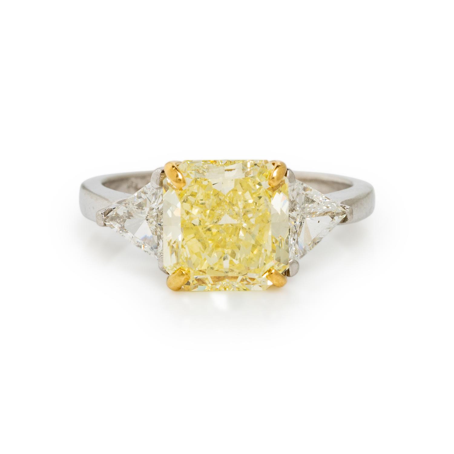 FANCY YELLOW DIAMOND, DIAMOND, AND PLATINUM RING