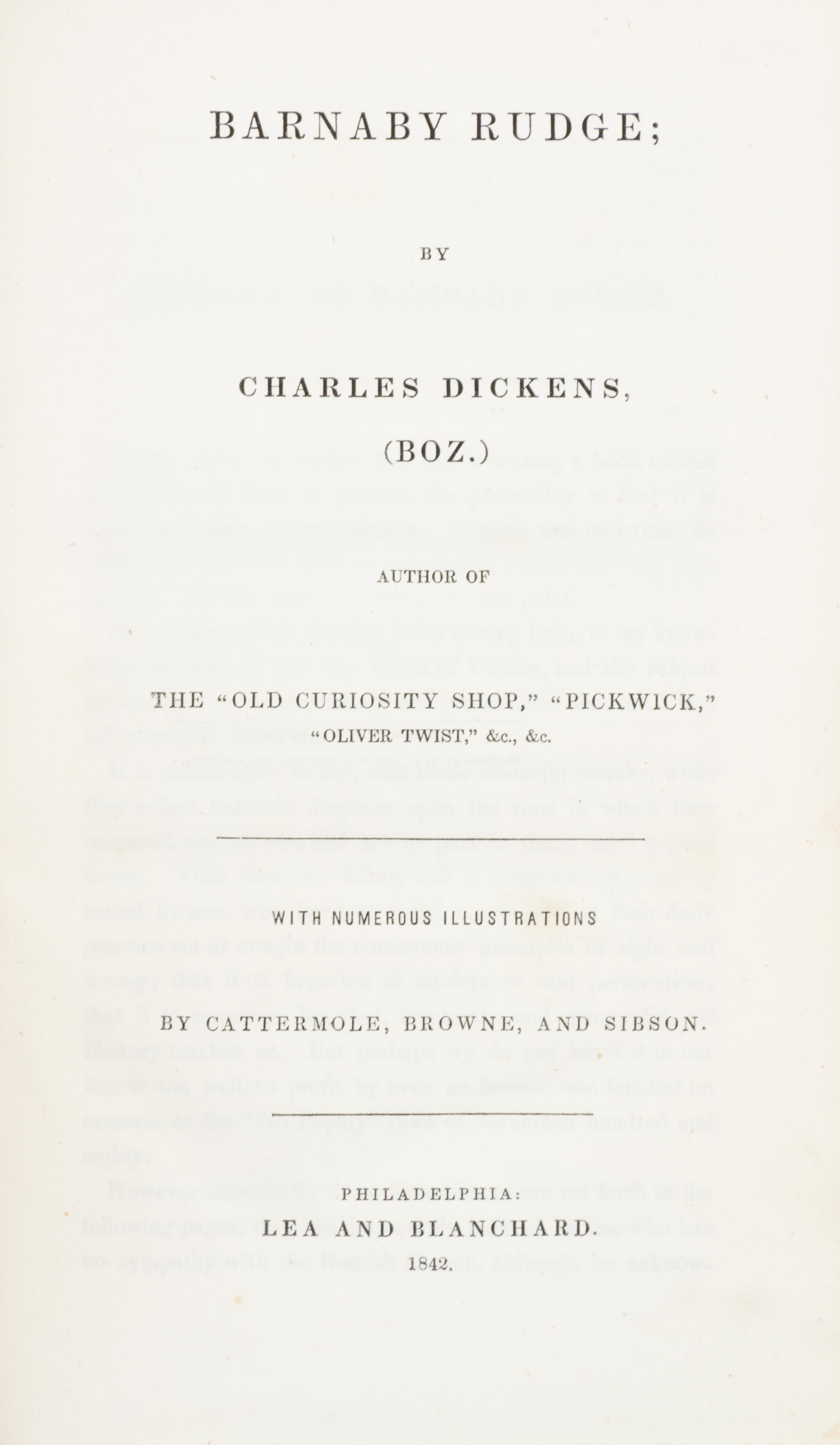 DICKENS, CHARLES. Barnaby Rudge. Philadelphia, 1842. First American book edition.