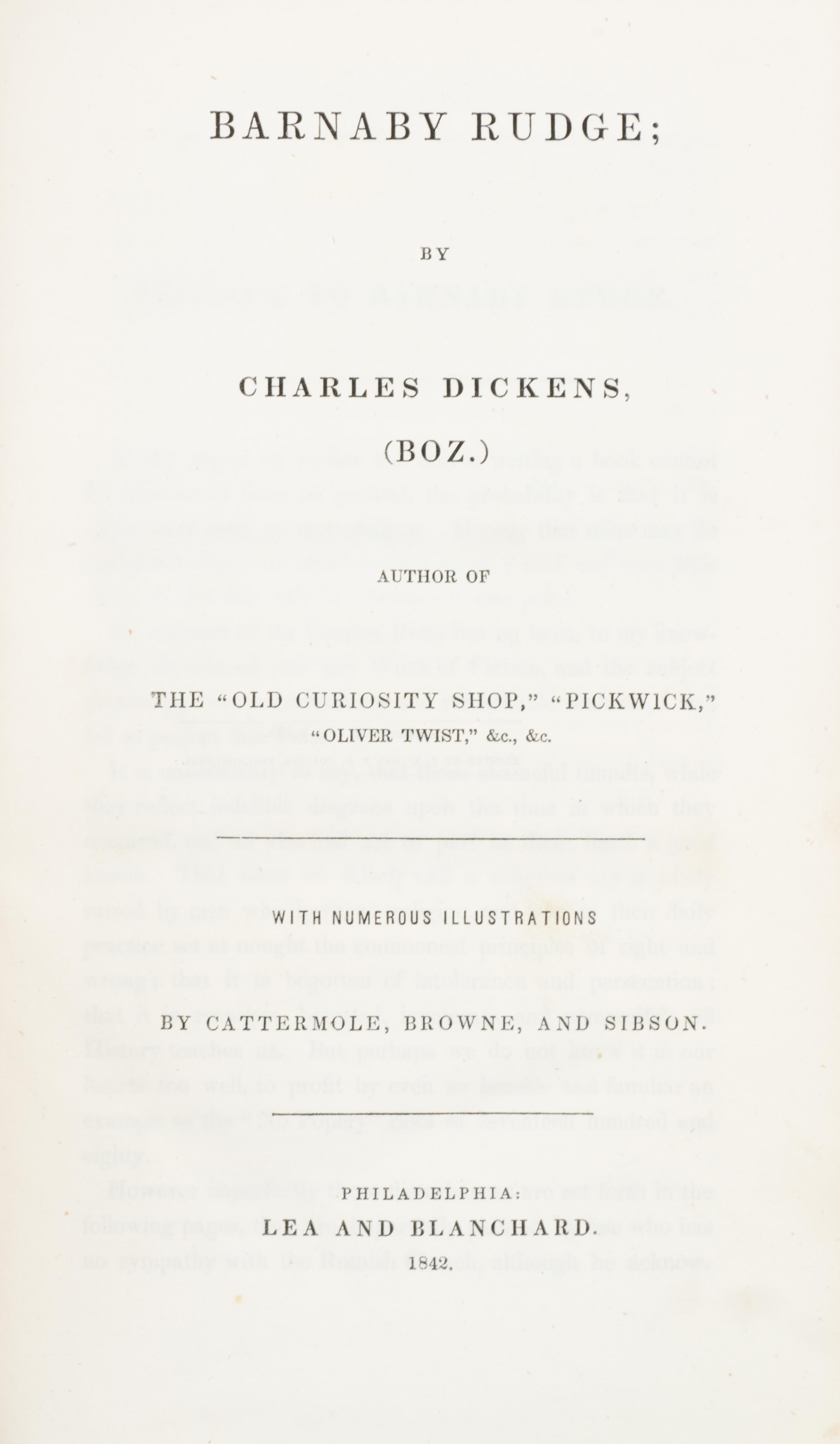 DICKENS, CHARLES. Barnaby Rudge. Philadelphia, 1842. First American book edition.