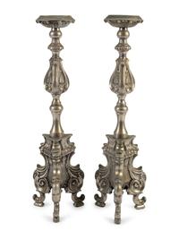 A Pair of Italian Renaissance Style Silvered Brass Pricketsticks