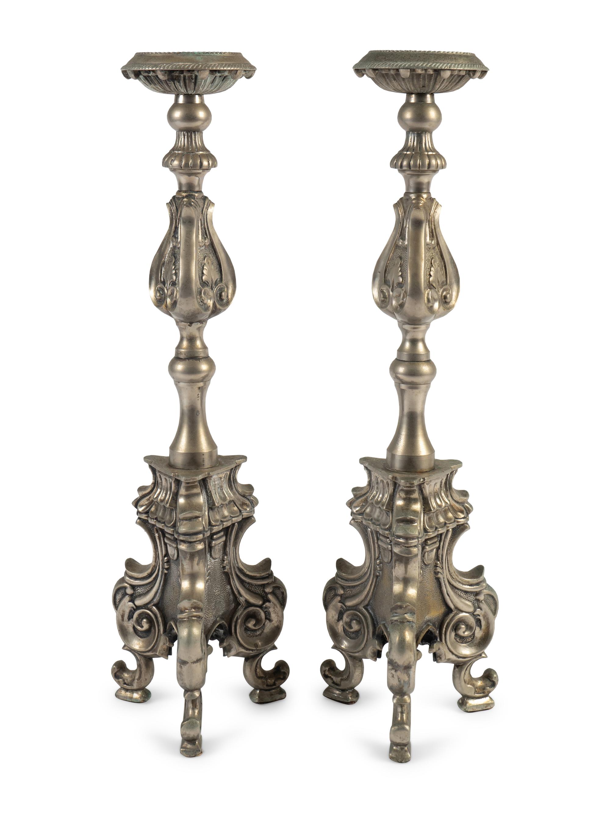 A Pair of Italian Renaissance Style Silvered Brass Pricketsticks