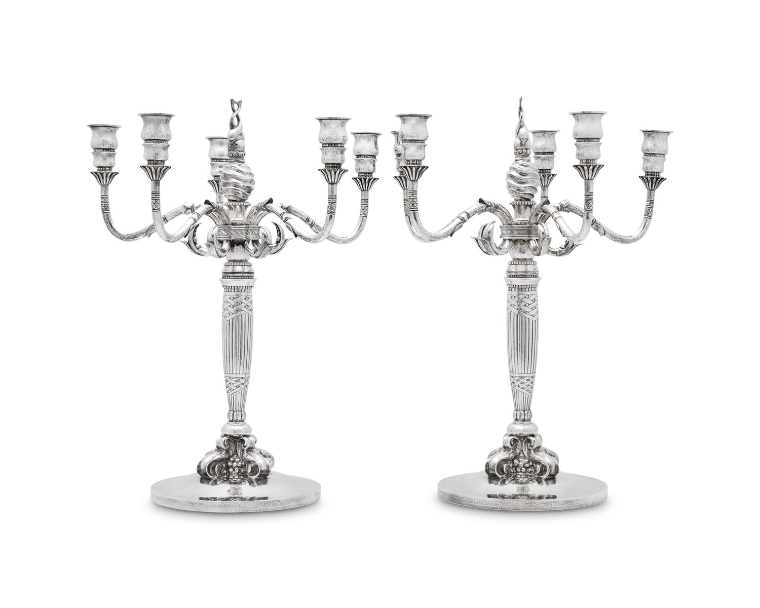A Pair of Johan Rohde Designed Georg Jensen Silver Five-Light Candelabra