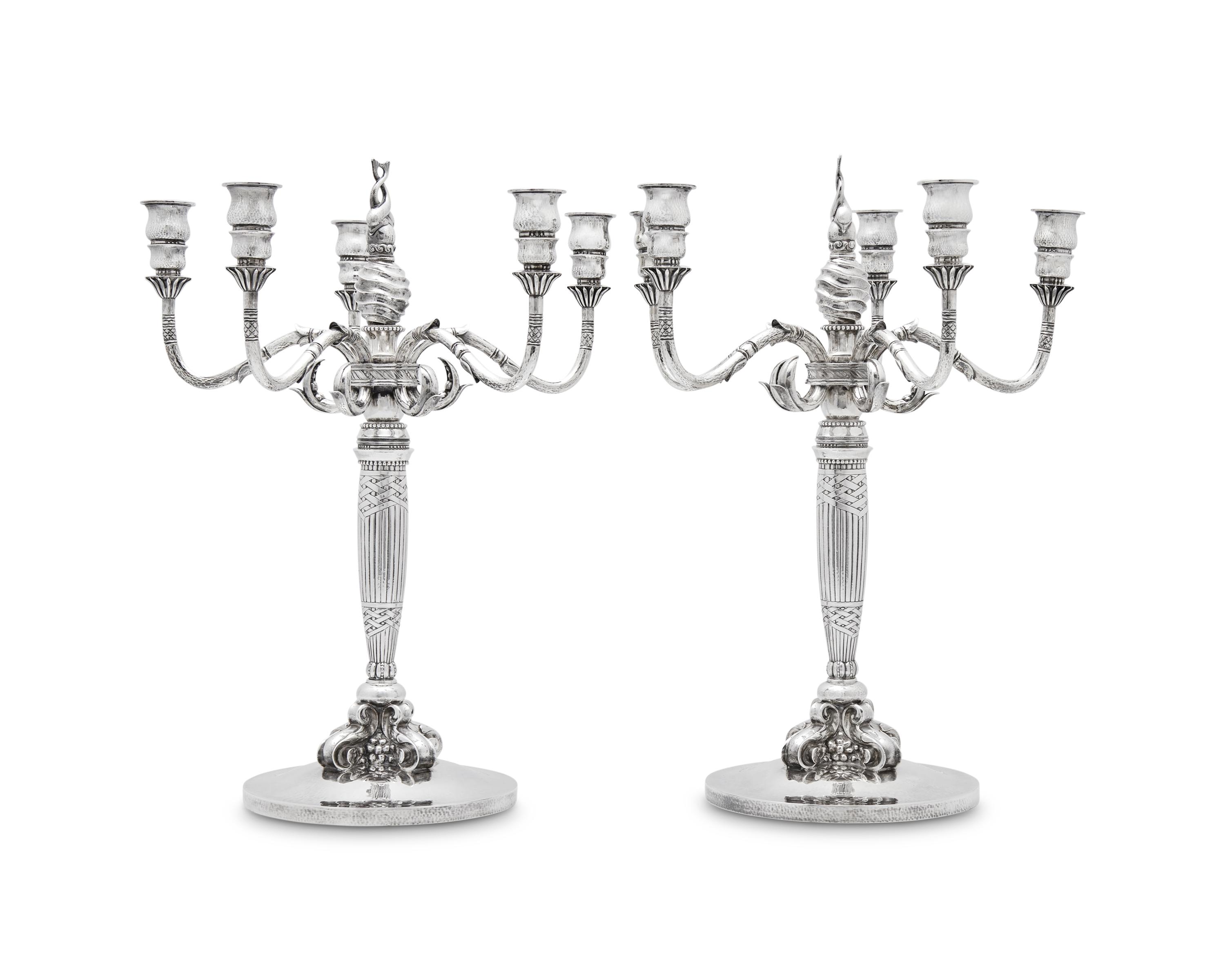 A Pair of Johan Rohde Designed Georg Jensen Silver Five-Light Candelabra