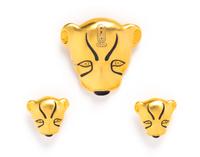 A Brushed Goldtone Leopard Motif Brooch and Earclip Set, Brooch 1.75" x 2", earclip .75" x .75".