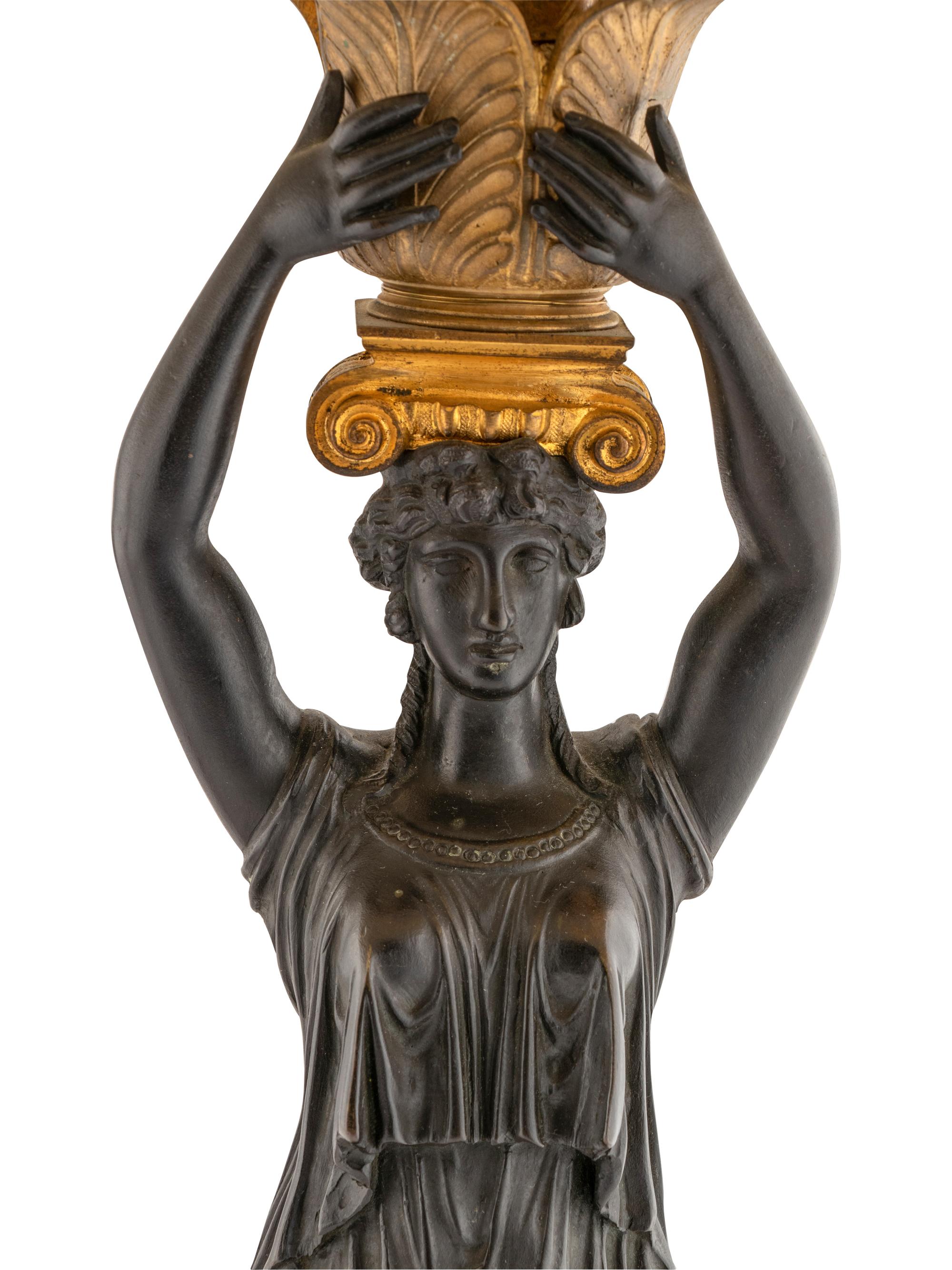 A Pair of Empire Patinated Bronze and Marble Table Lamps