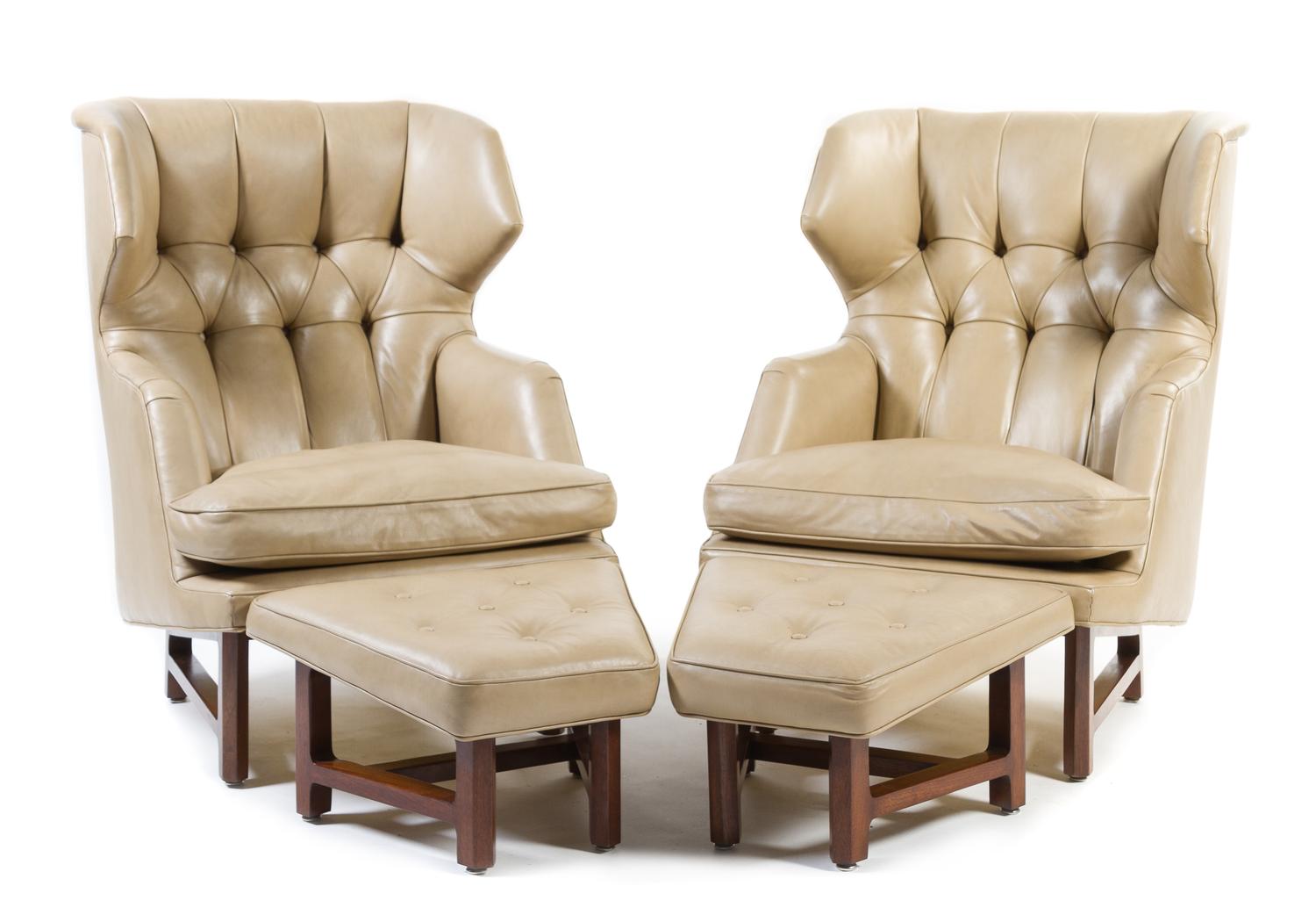 A Pair of Edward Wormley for Dunbar Wingback Chairs with Ottomans Height 4 1/2 inches.