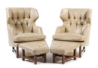 A Pair of Edward Wormley for Dunbar Wingback Chairs with Ottomans Height 4 1/2 inches.