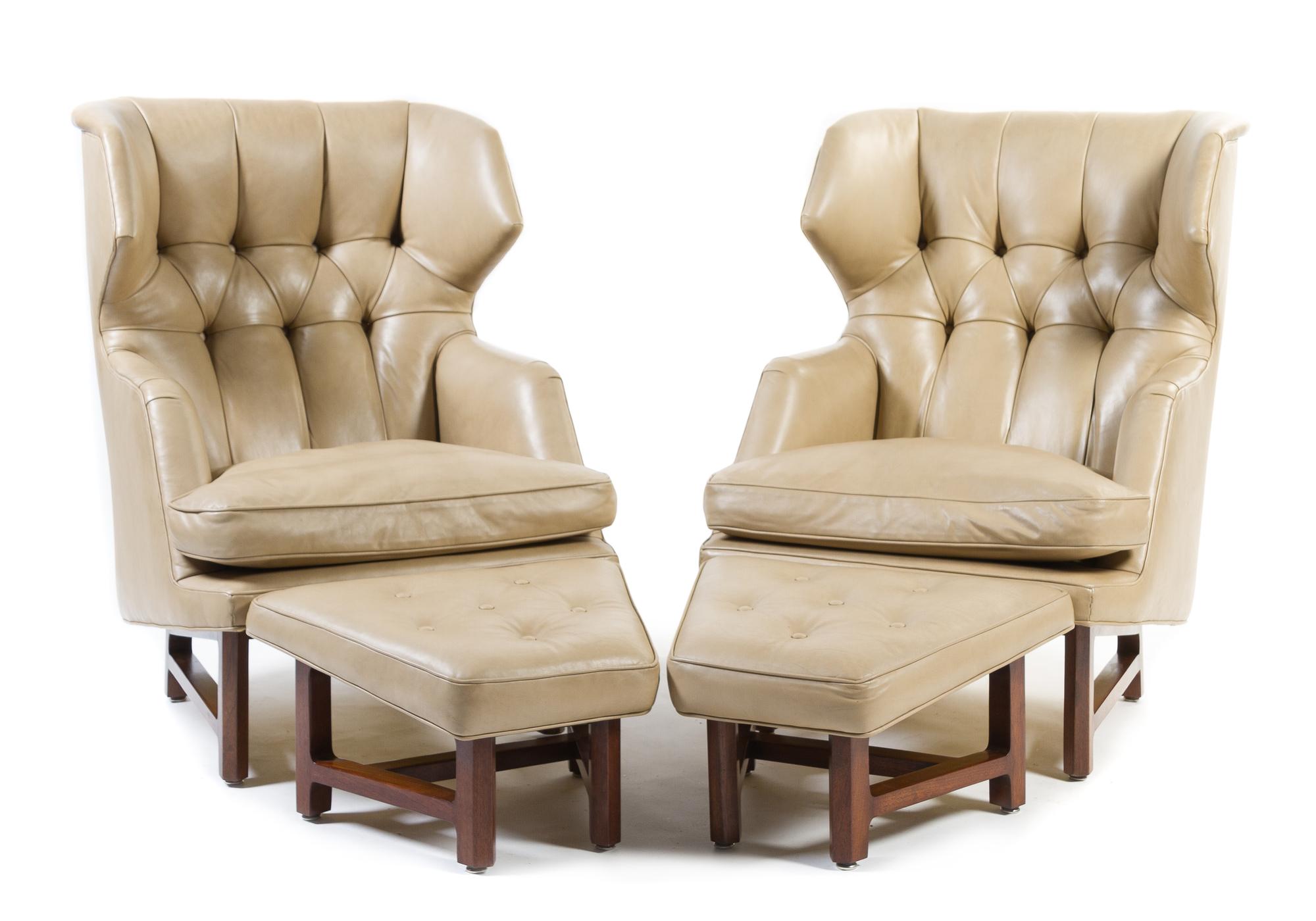 A Pair of Edward Wormley for Dunbar Wingback Chairs with Ottomans Height 4 1/2 inches.