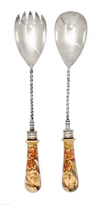 A Porcelain Mounted Silver-Plate Salad Set, 20th Century, comprising a fork and a spoon, each with floral decorated handle.