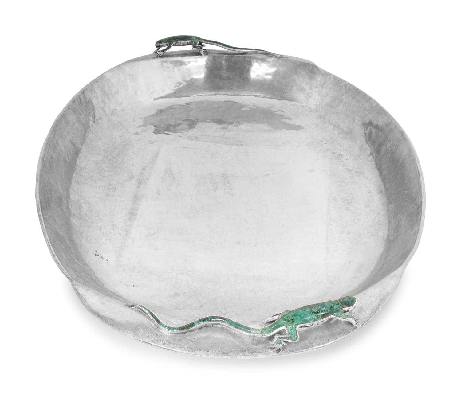 A Mexican Hard Stone Mounted Silver-Plate Platter