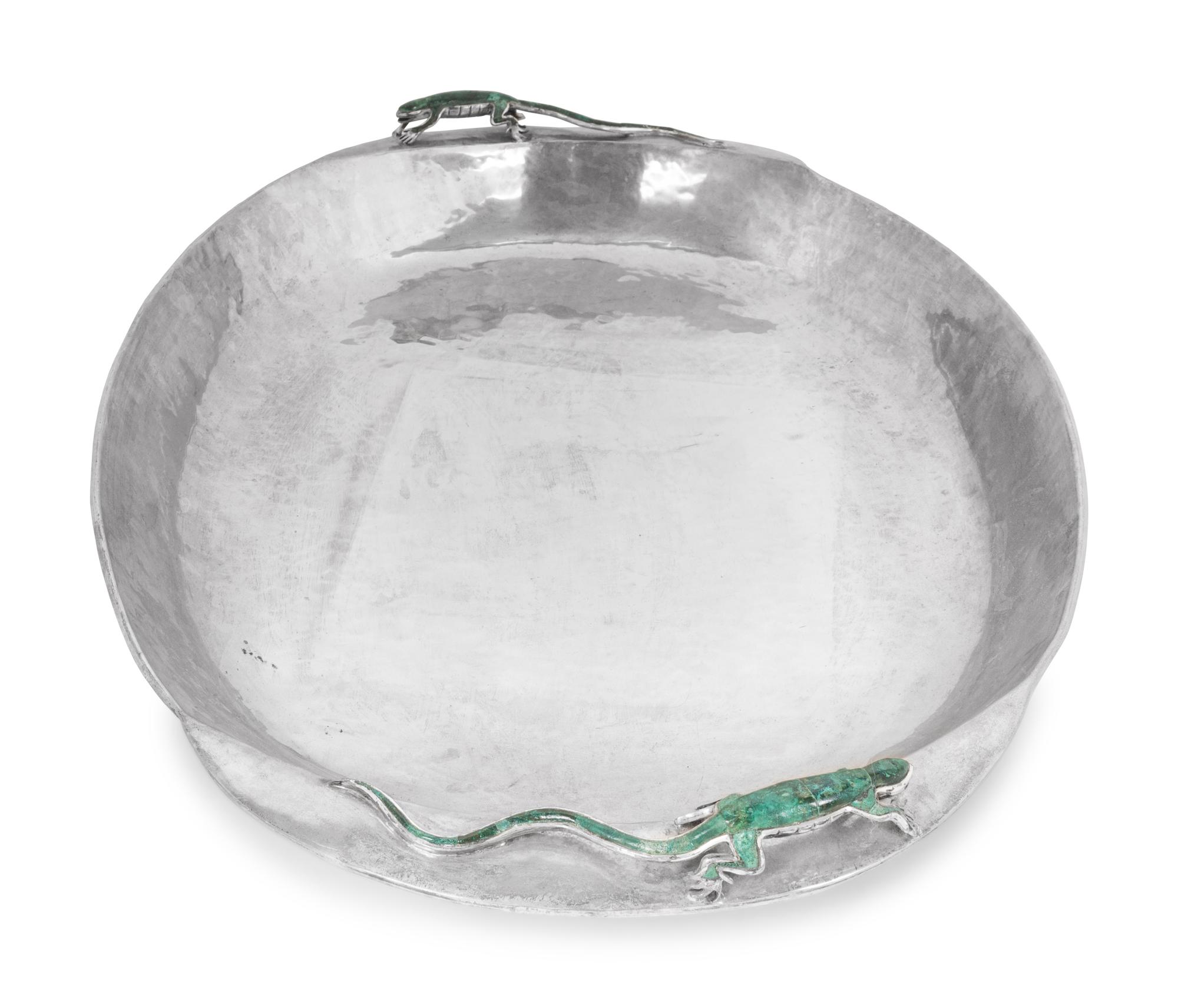 A Mexican Hard Stone Mounted Silver-Plate Platter
