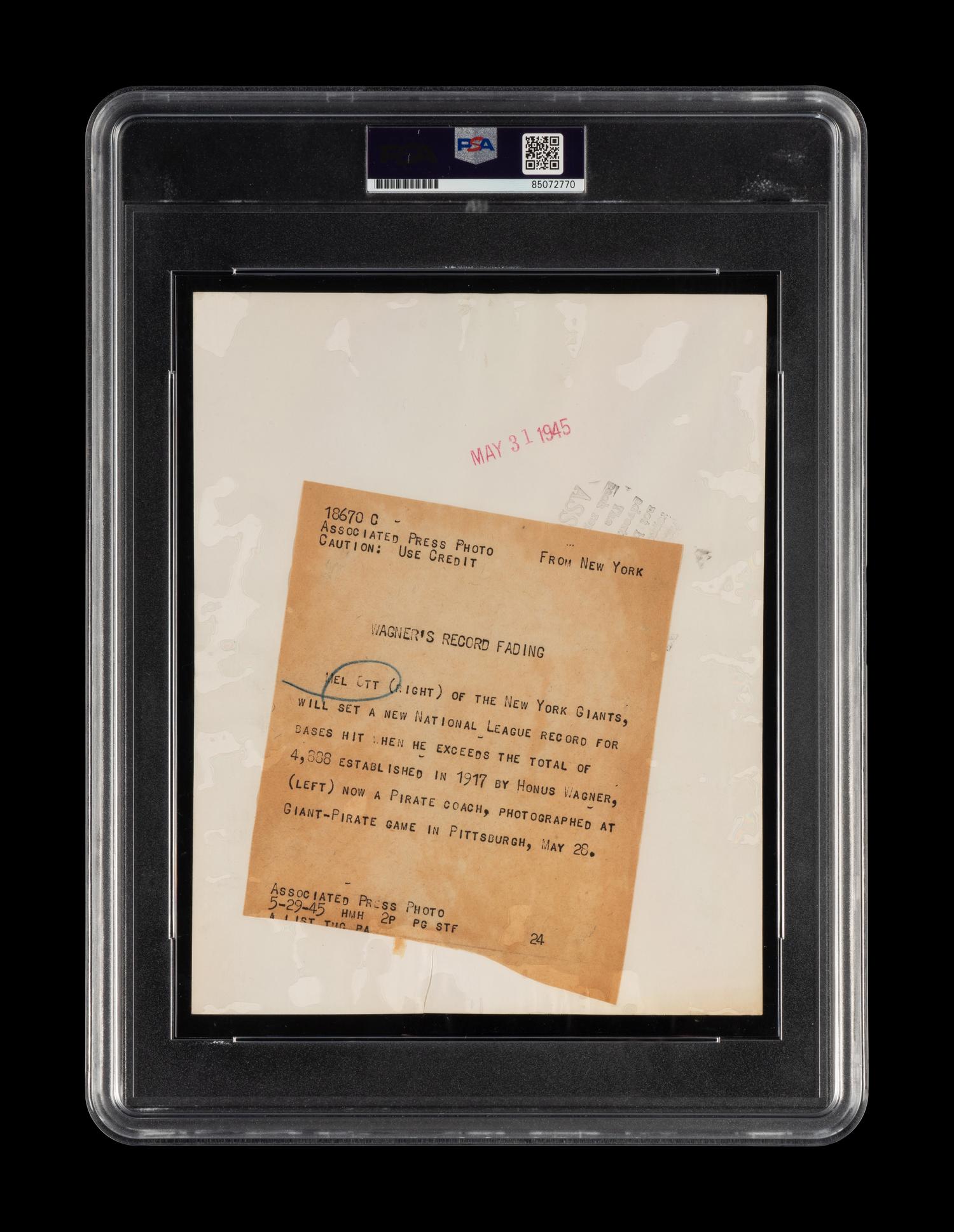 An Original 1945 Honus Wagner and Mel Ott Type One News Photograph (PSA Encapsulated)