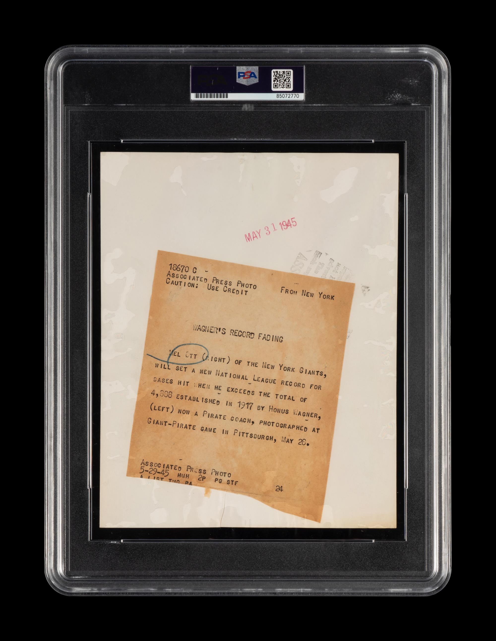 An Original 1945 Honus Wagner and Mel Ott Type One News Photograph (PSA Encapsulated)