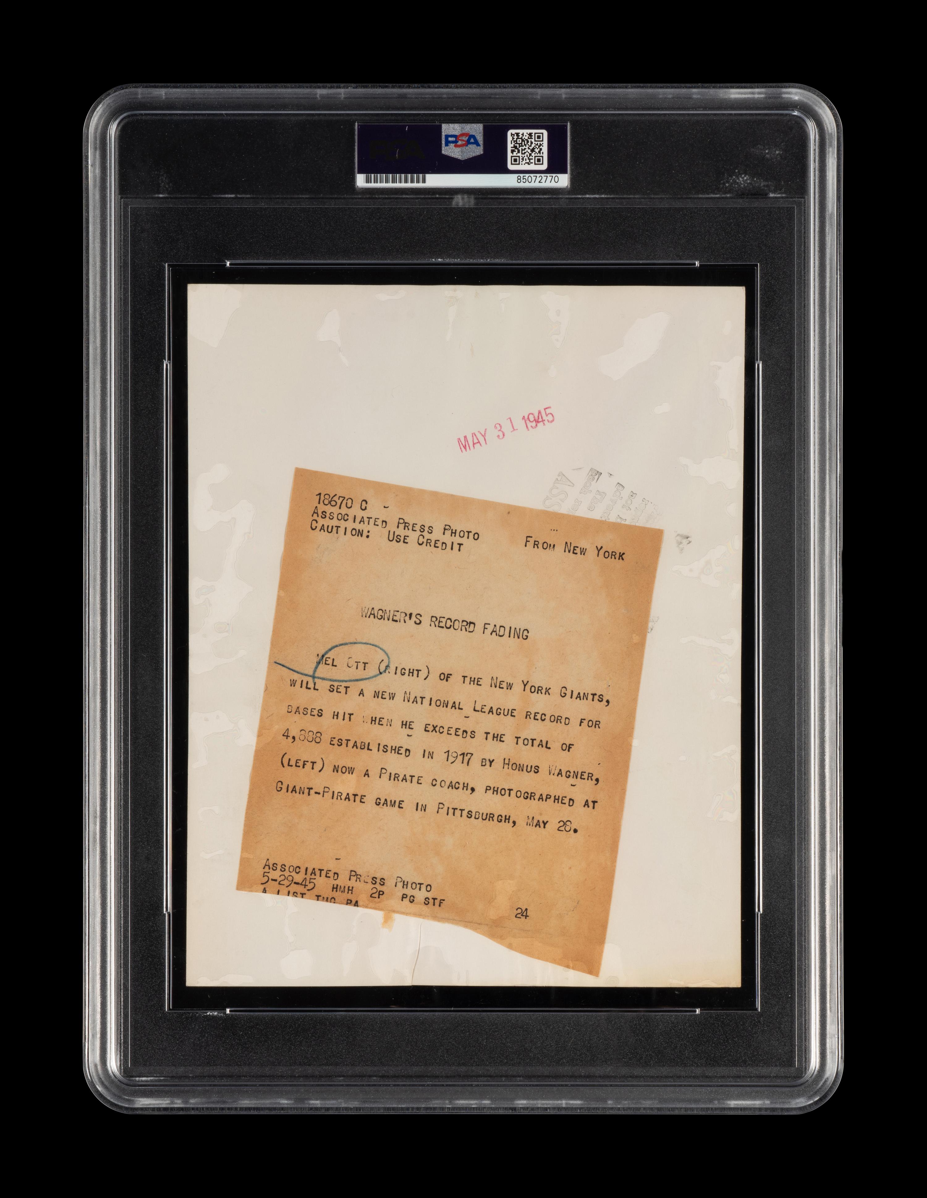 An Original 1945 Honus Wagner and Mel Ott Type One News Photograph (PSA Encapsulated)
