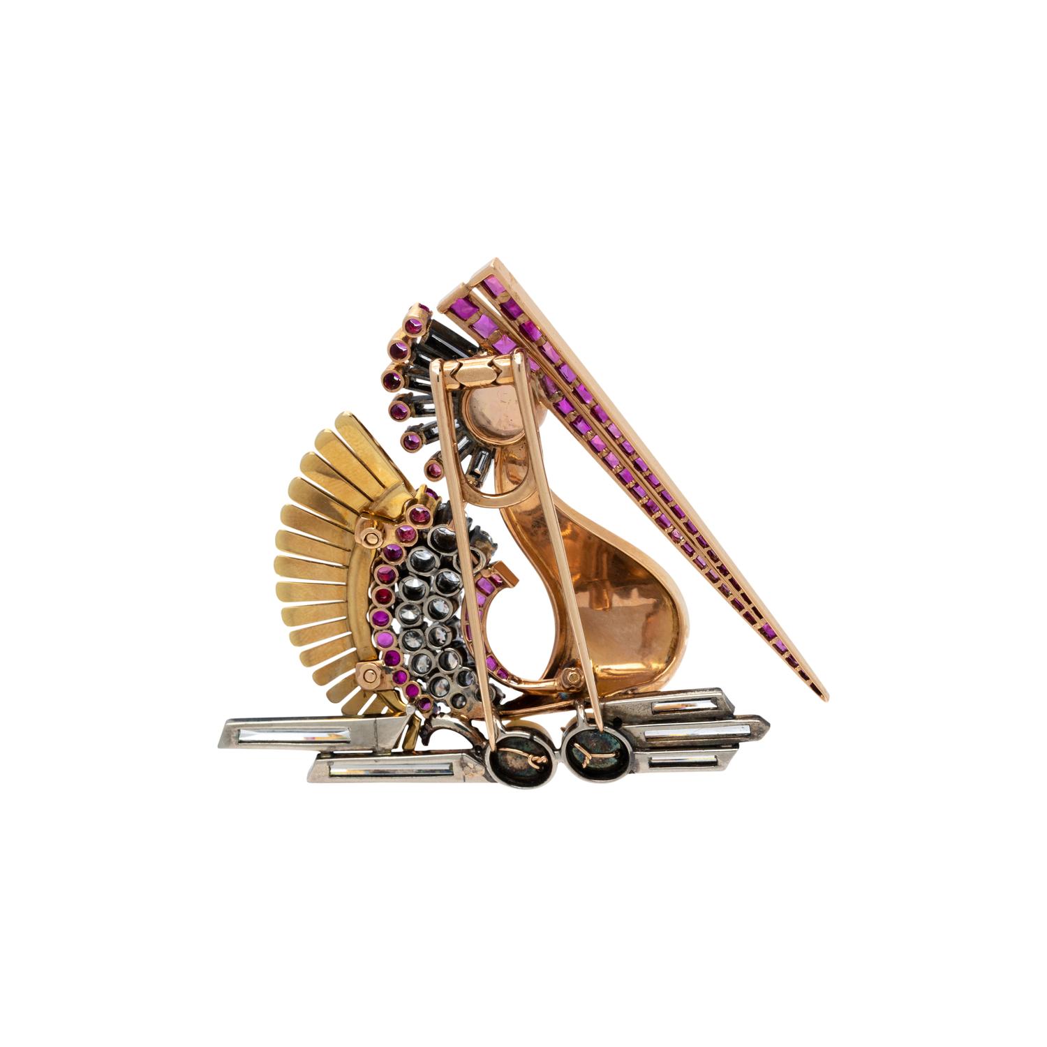 RETRO, DIAMOND AND MULTIGEM PELICAN BROOCH