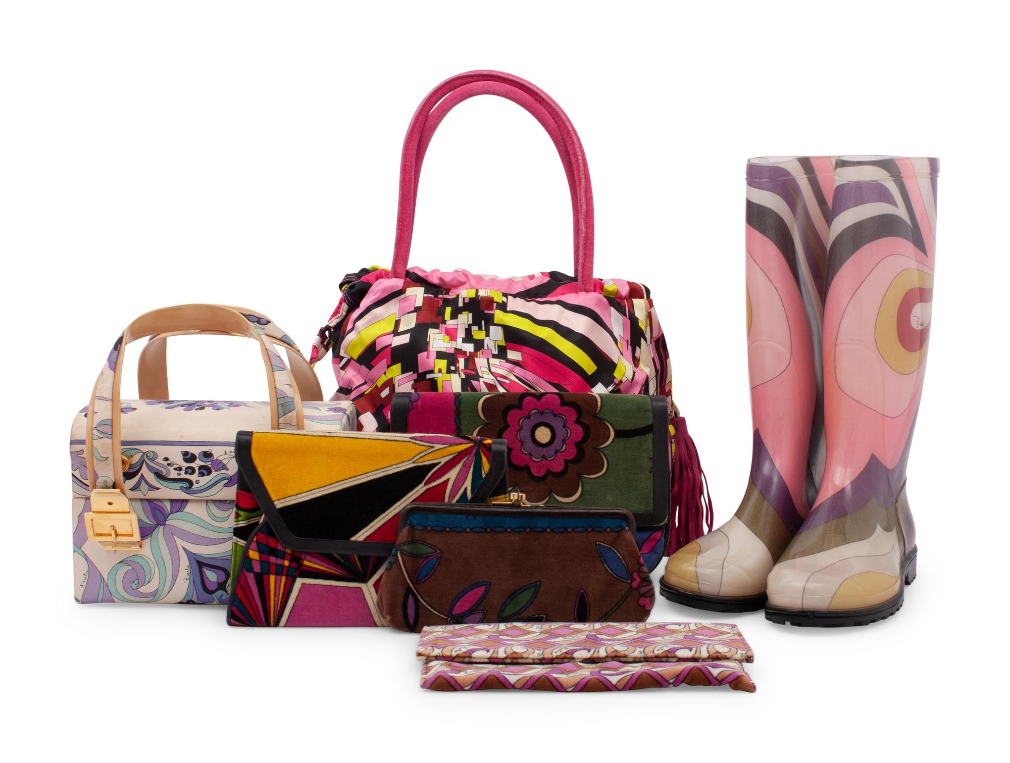 Seven Pucci Accessories: Six Bags and Wallets, One Pair of Boots, 1960-2010s