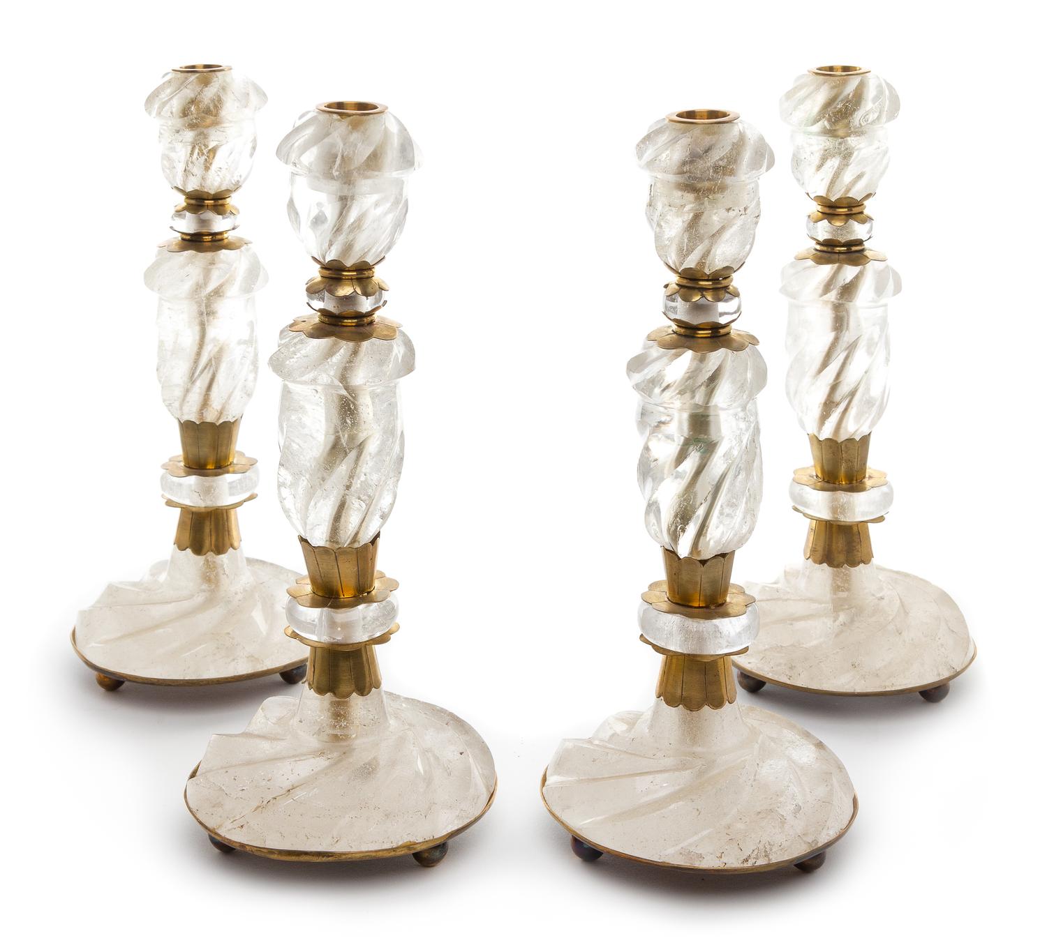A Set of Four Brass Mounted Rock Crystal Candlesticks Height 10 3/4 inches. — 20TH CENTURY
