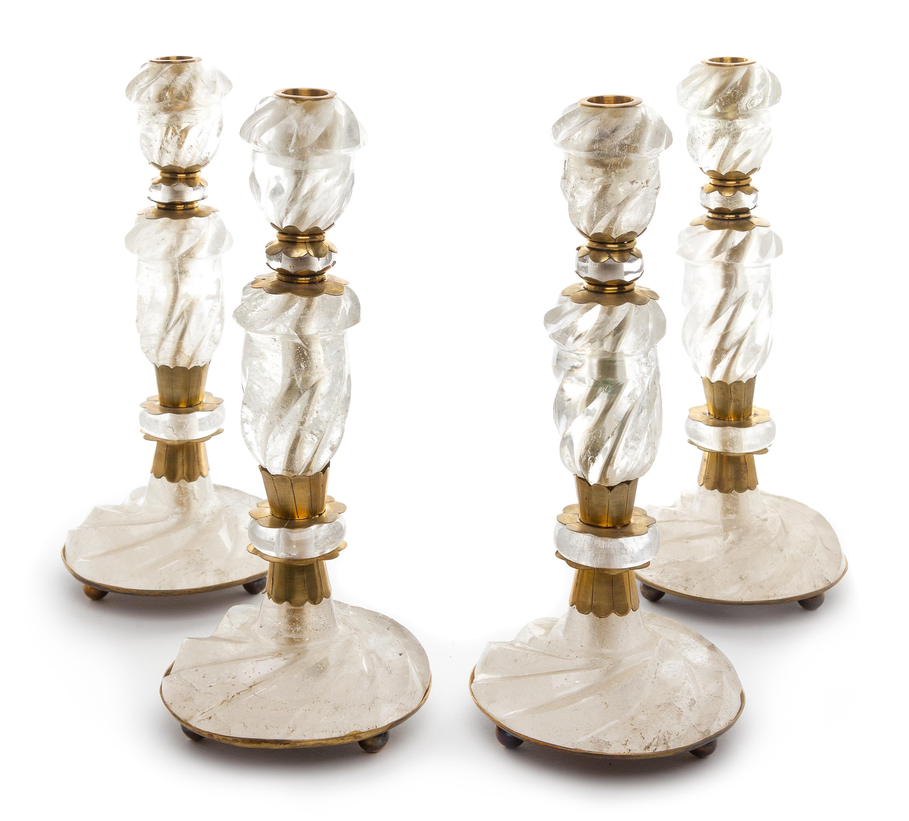 A Set of Four Brass Mounted Rock Crystal Candlesticks Height 10 3/4 inches. — 20TH CENTURY