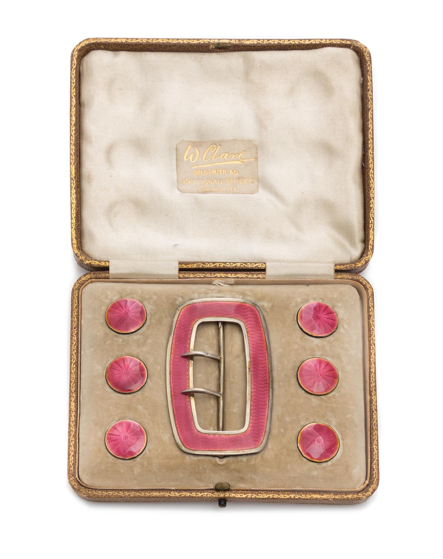 An Edwardian Guilloche Enameled Silver Buckle and Button Set, Deakin & Francis, Birmingham, 1909, comprising six buttons and a buckle i