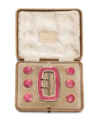 An Edwardian Guilloche Enameled Silver Buckle and Button Set, Deakin & Francis, Birmingham, 1909, comprising six buttons and a buckle i