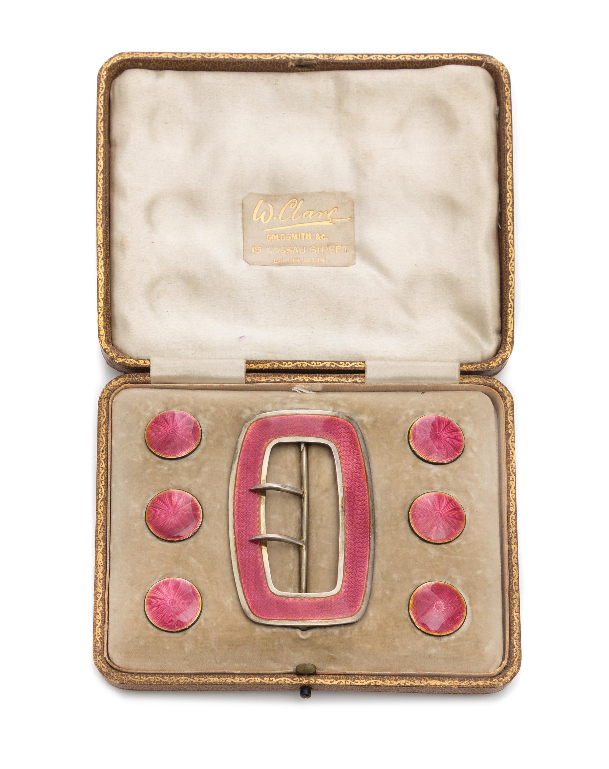 An Edwardian Guilloche Enameled Silver Buckle and Button Set, Deakin & Francis, Birmingham, 1909, comprising six buttons and a buckle i