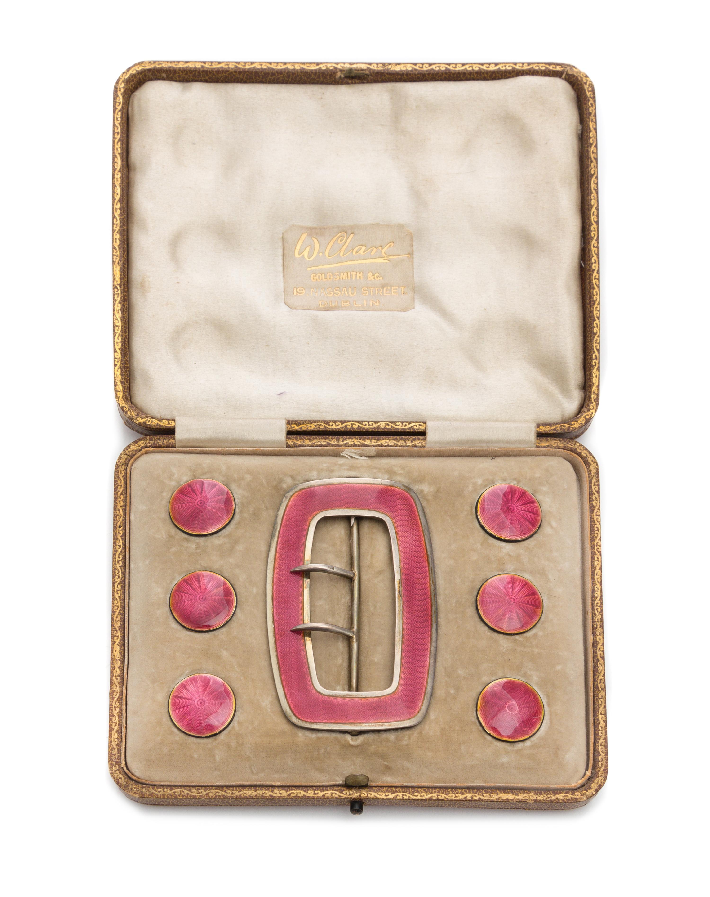 An Edwardian Guilloche Enameled Silver Buckle and Button Set, Deakin & Francis, Birmingham, 1909, comprising six buttons and a buckle i