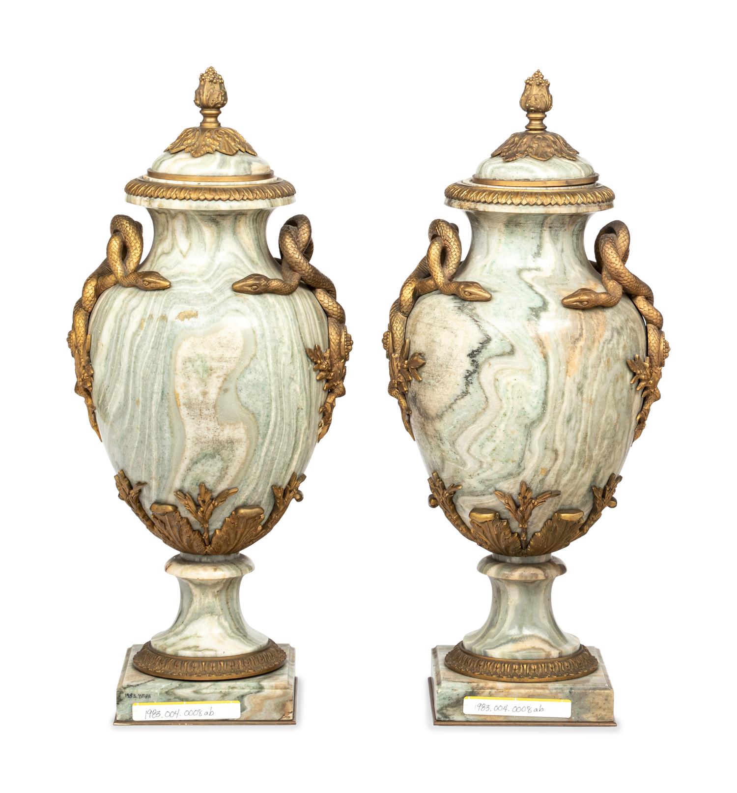 A Pair of French Gilt Bronze-Mounted Marble Urns