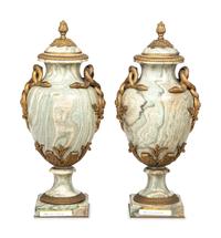 A Pair of French Gilt Bronze-Mounted Marble Urns