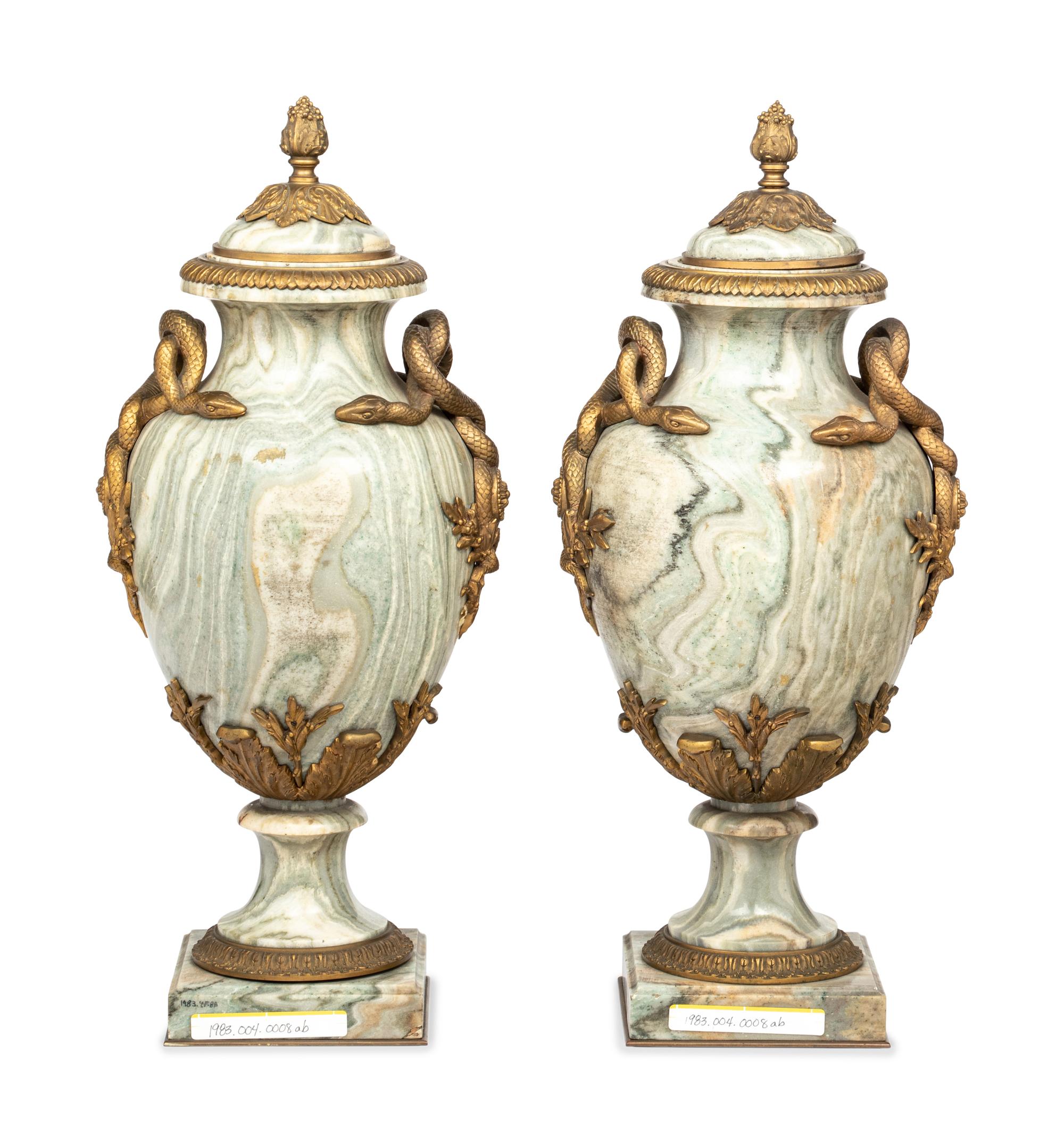 A Pair of French Gilt Bronze-Mounted Marble Urns