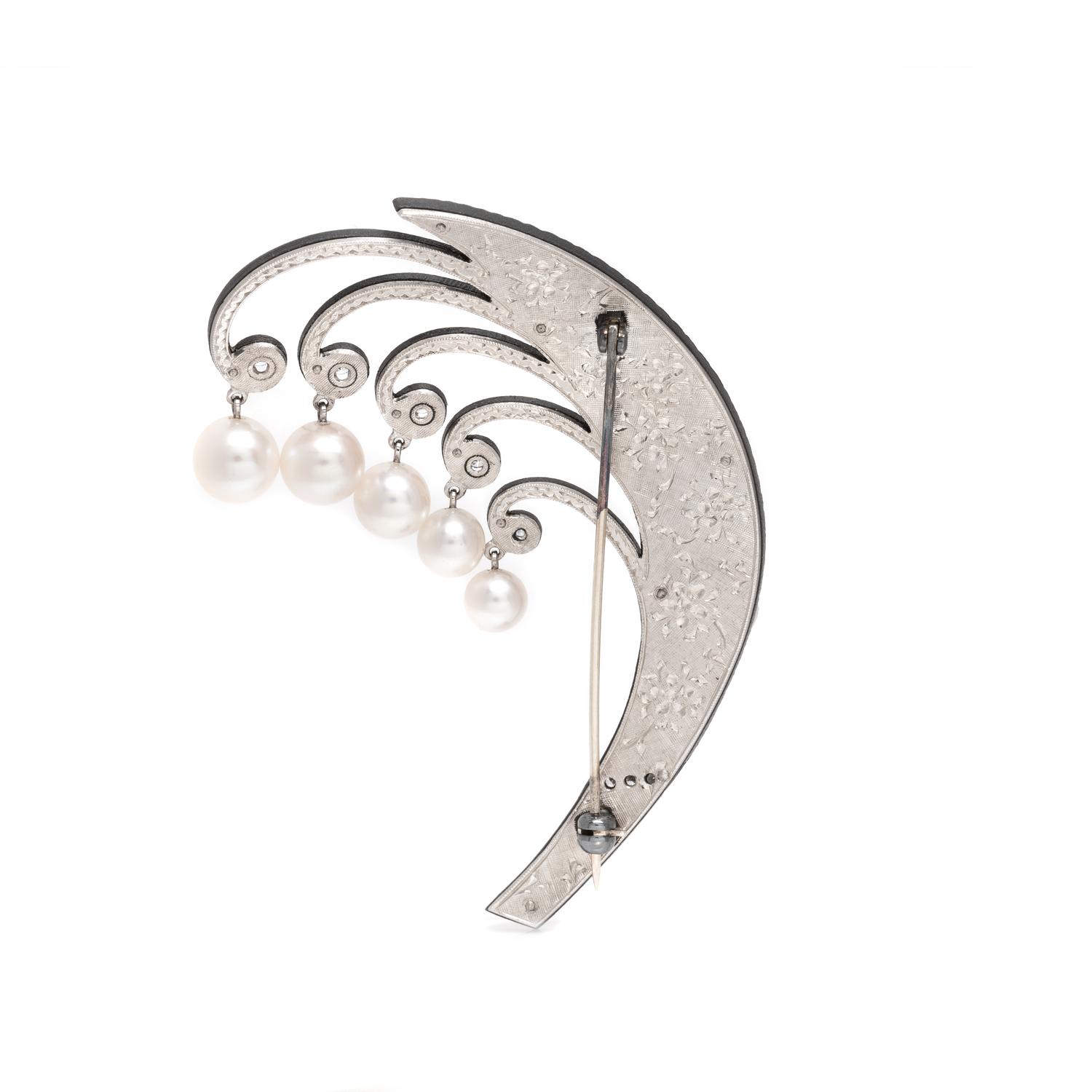 MARSH & CO., ART MODERNE, BLACKENED STEEL, CULTURED PEARL AND DIAMOND BROOCH