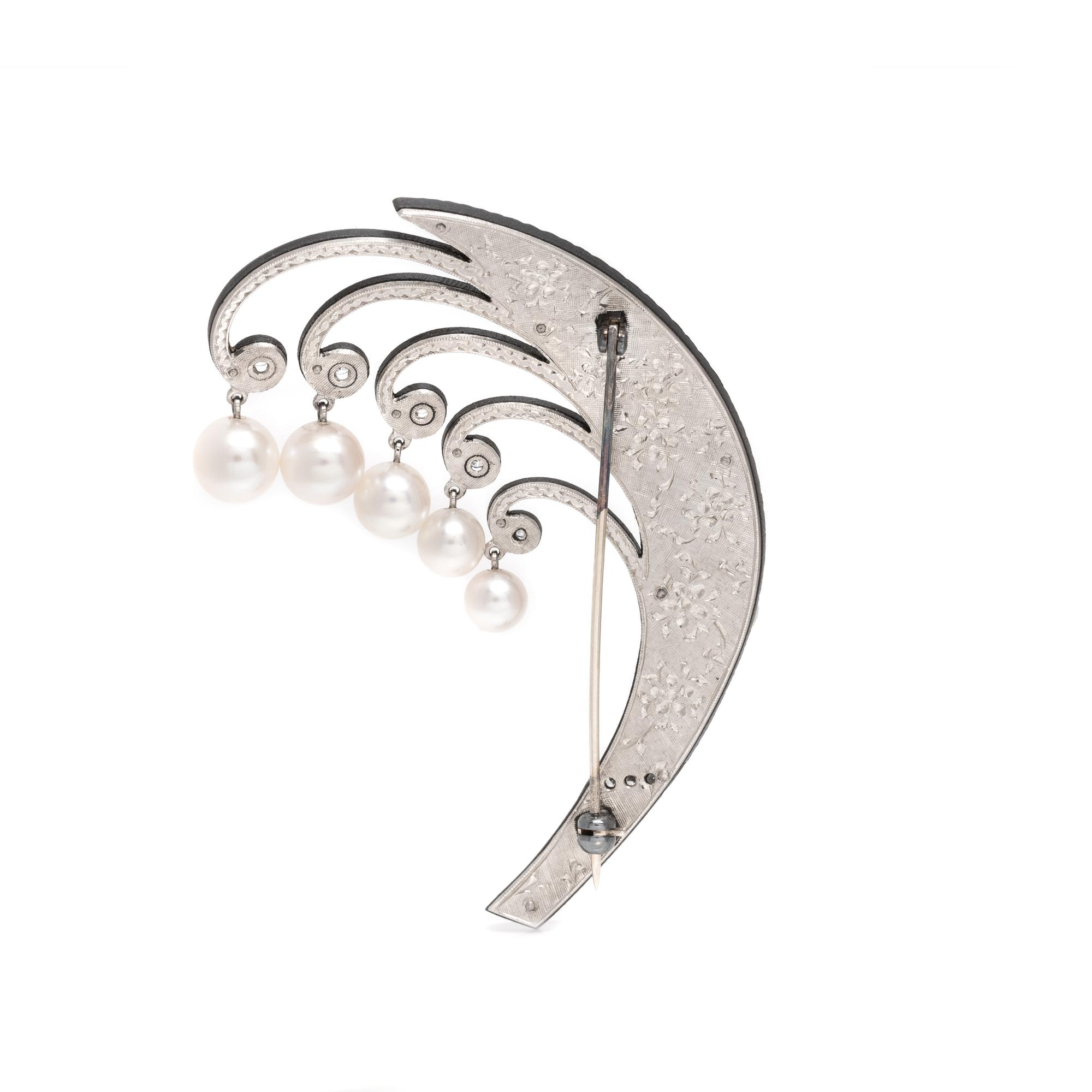 MARSH & CO., ART MODERNE, BLACKENED STEEL, CULTURED PEARL AND DIAMOND BROOCH