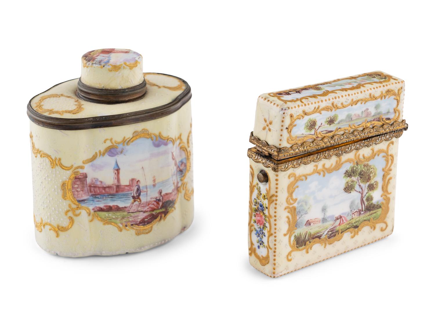 A South Staffordshire Enamel Tea Caddy and Étui
