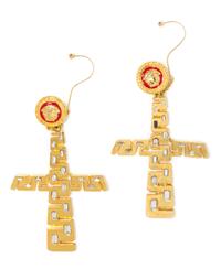 A Pair of Gianni Versace Cross and Rhinestone Runway Earclips, Medallion: 1.25" x 1.25"; Cross: 4.5" x 3.75"; Drop: 6.25".
